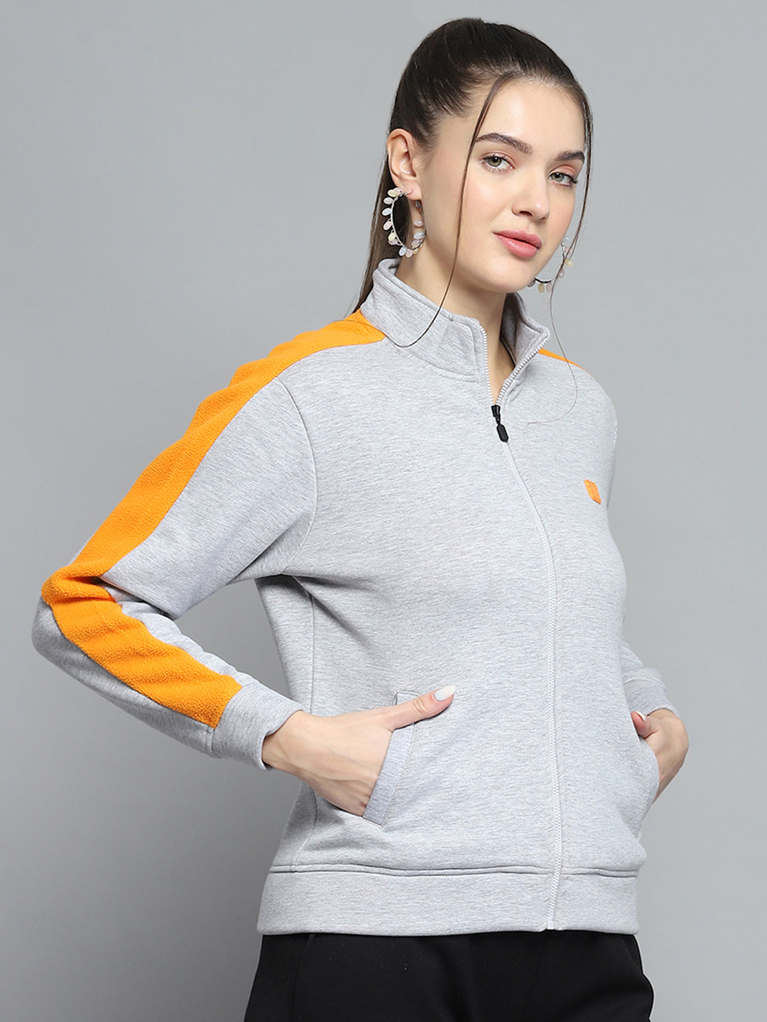 Rock.it Women Grey Solid Mock Neck Full Sleeve Sweatshirt