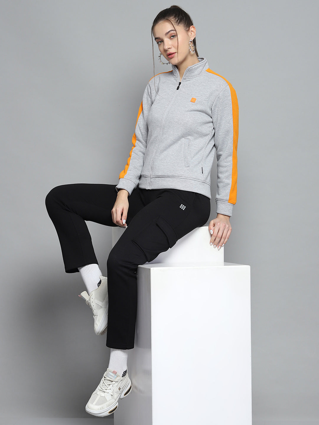 Rock.it Women Grey Solid Mock Neck Full Sleeve Sweatshirt