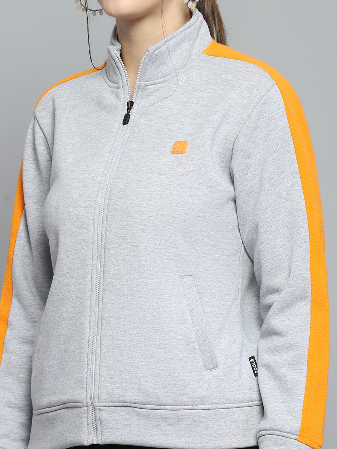 Rock.it Women Grey Solid Mock Neck Full Sleeve Sweatshirt