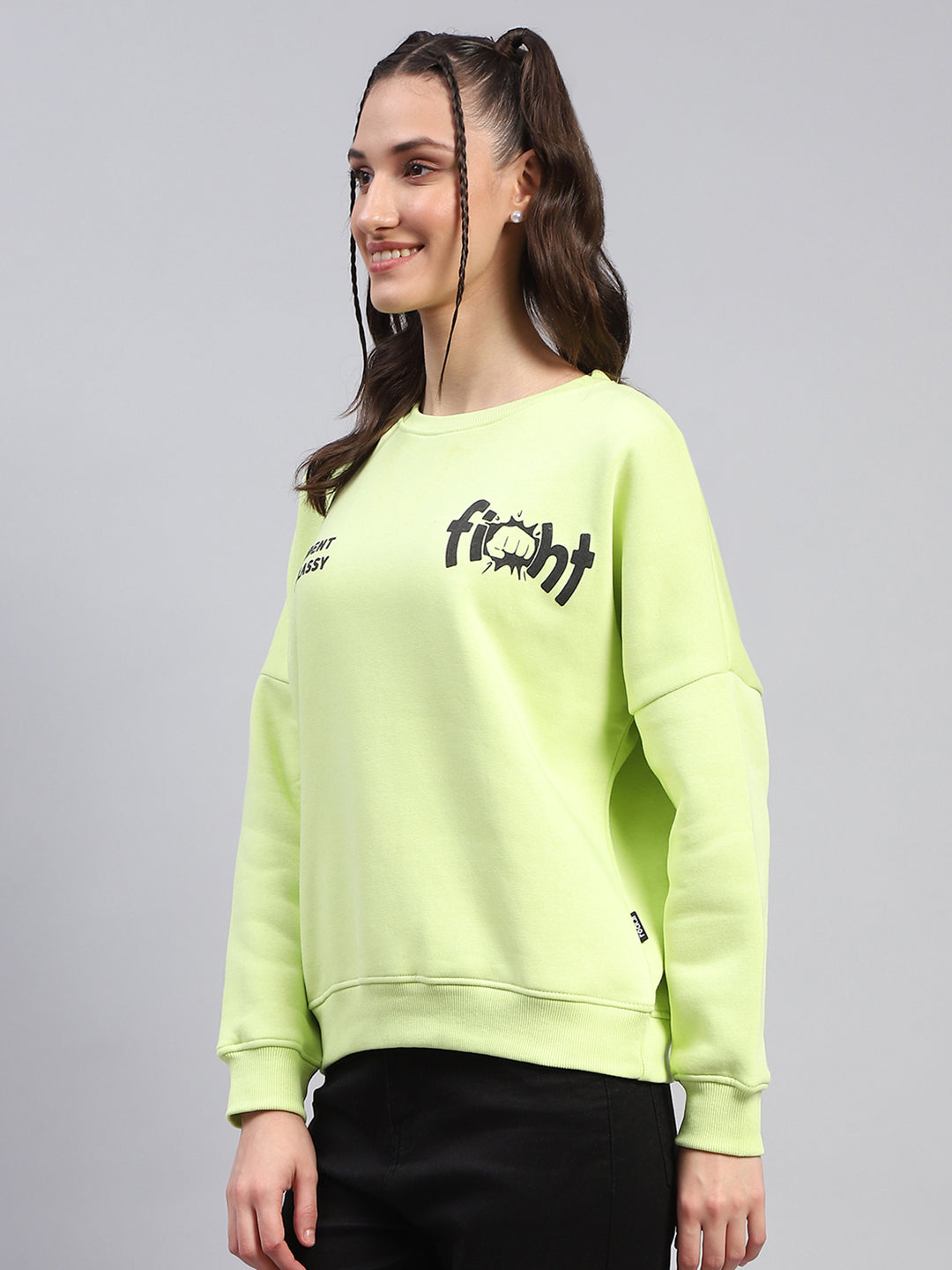 Rock.it Women Green Printed Round Neck Full Sleeve Sweatshirt