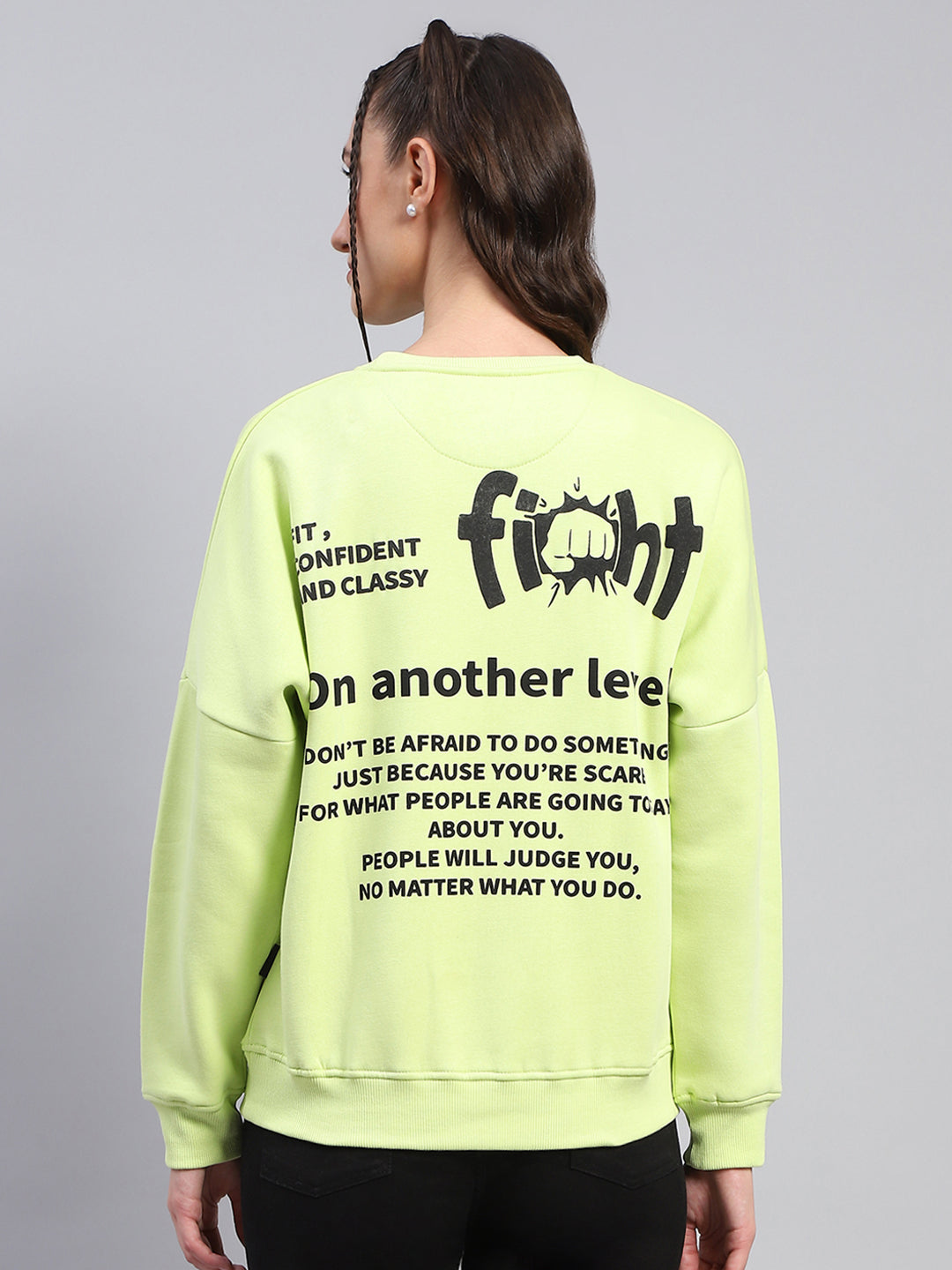 Rock.it Women Green Printed Round Neck Full Sleeve Sweatshirt