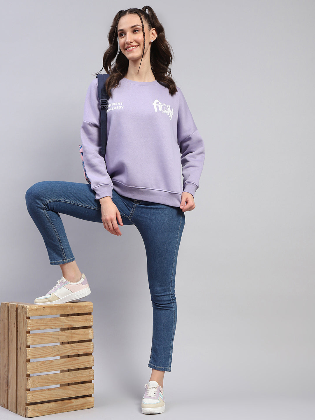 Rock.it Women Purple Printed Round Neck Full Sleeve Sweatshirt