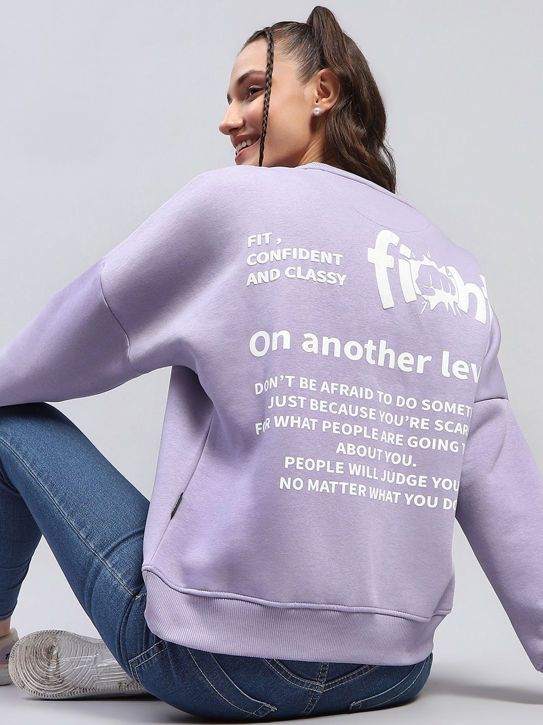 Rock.it Women Purple Printed Round Neck Full Sleeve Sweatshirt