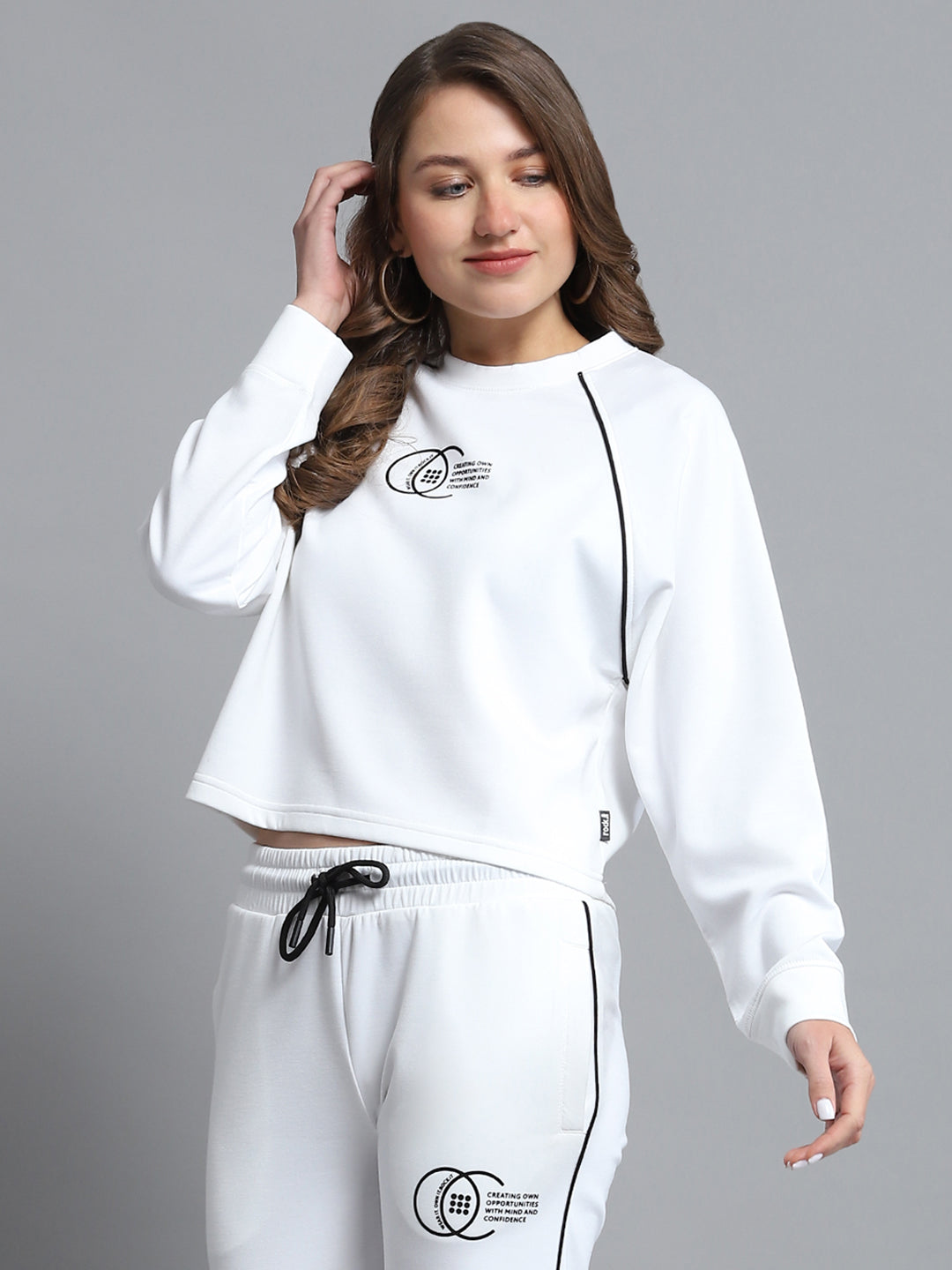 Rock.it Women White Self Design Round Neck Full Sleeve Sweatshirt
