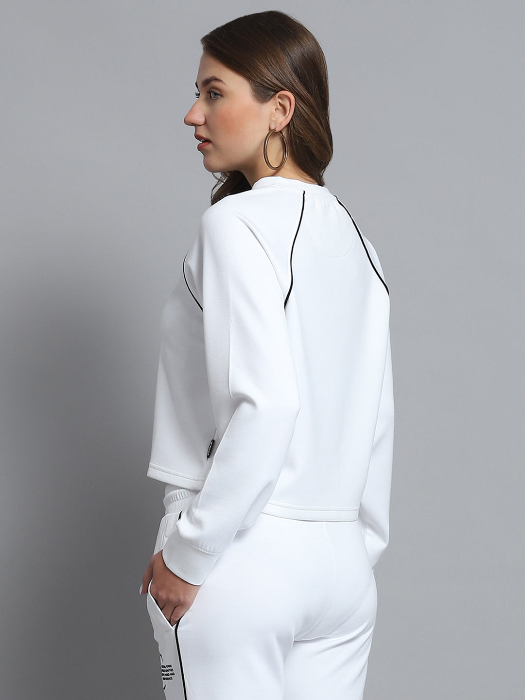 Rock.it Women White Self Design Round Neck Full Sleeve Sweatshirt