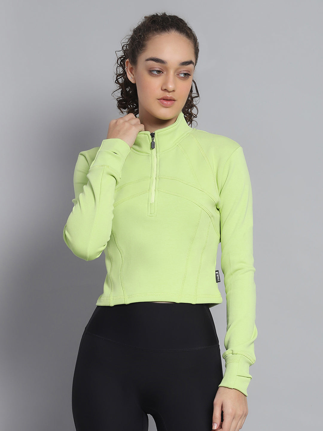 Rock.it Women Green Solid Mock Neck Full Sleeve Sweatshirt