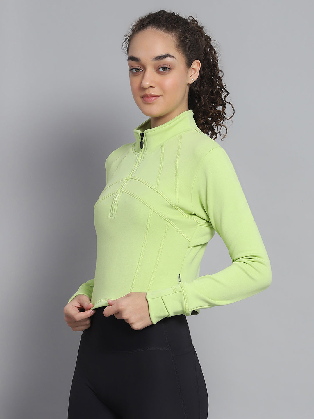 Rock.it Women Green Solid Mock Neck Full Sleeve Sweatshirt