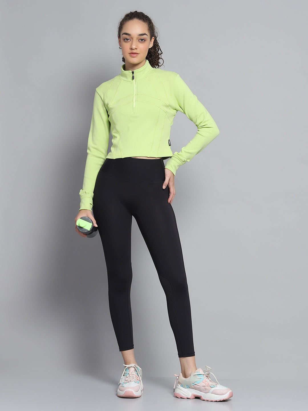 Rock.it Women Green Solid Mock Neck Full Sleeve Sweatshirt