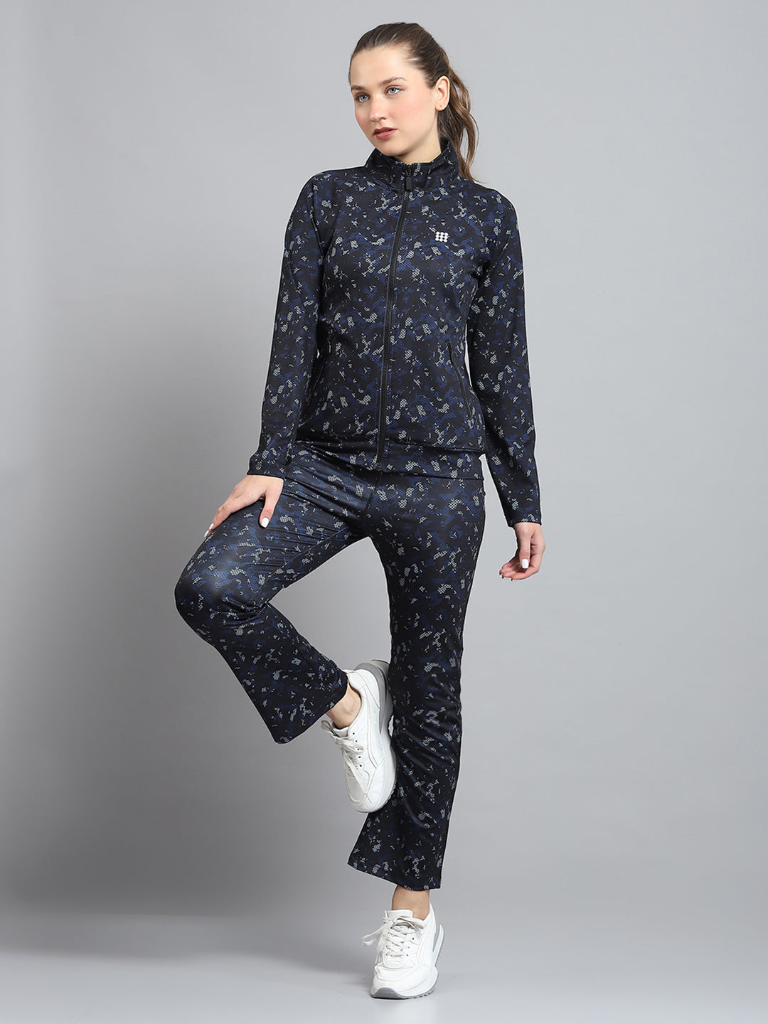 Rock.it Women Black Printed Mock Neck Full Sleeve Tracksuit