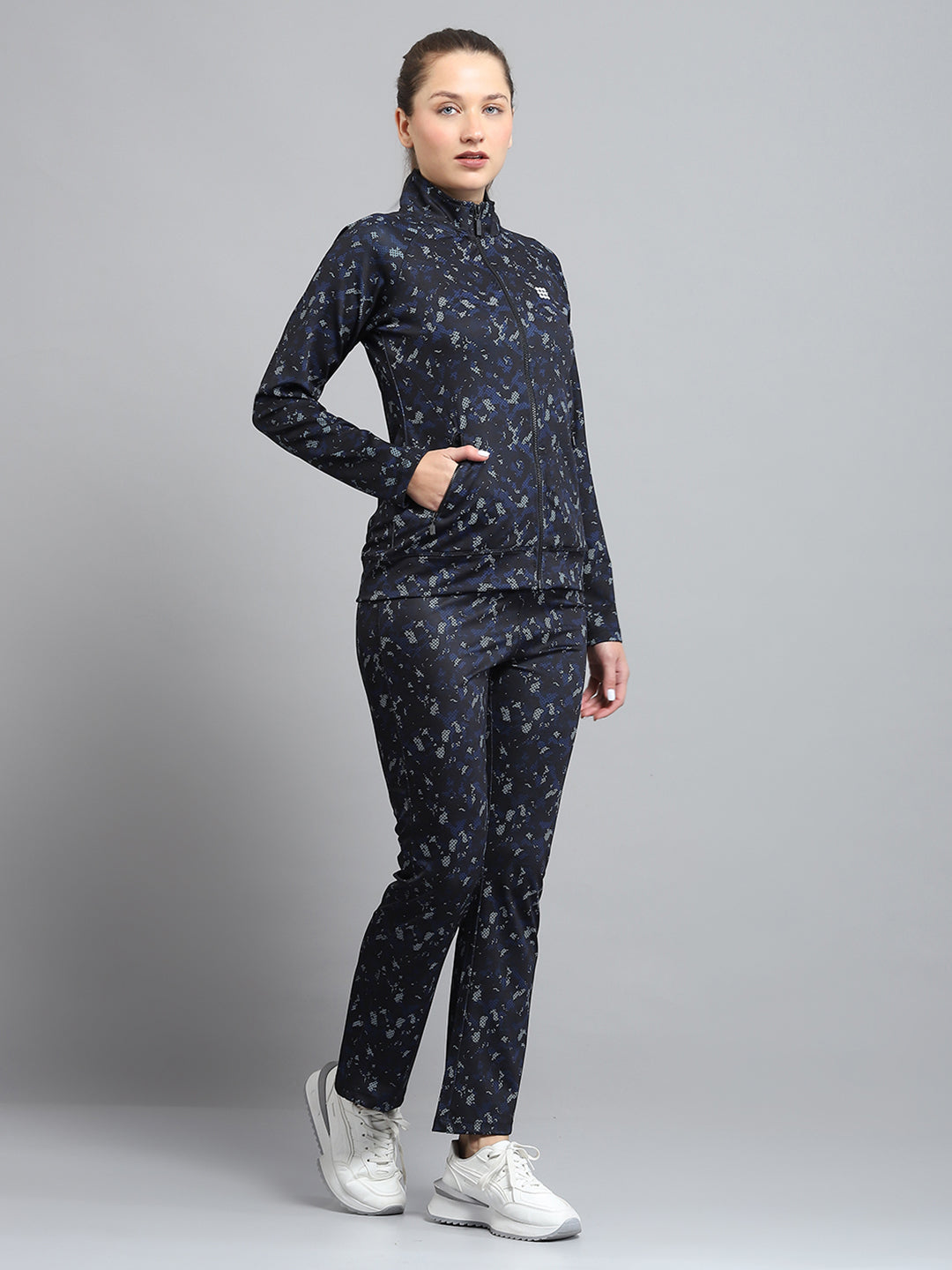 Rock.it Women Black Printed Mock Neck Full Sleeve Tracksuit
