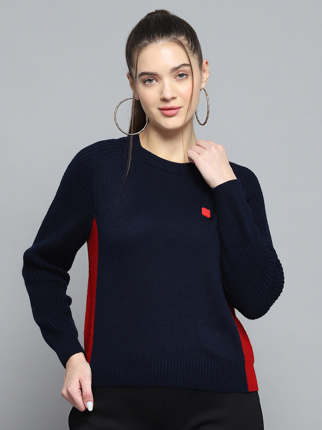 Rock.it Women Navy Blue Solid Round Neck Full Sleeve Pullover