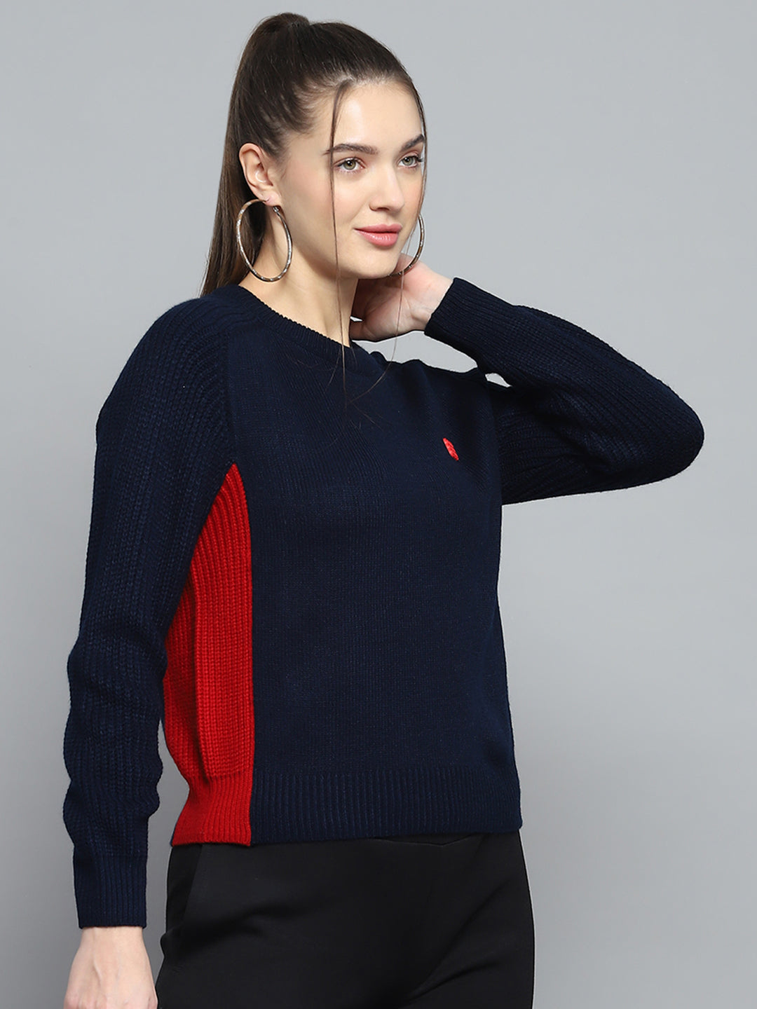 Rock.it Women Navy Blue Solid Round Neck Full Sleeve Pullover