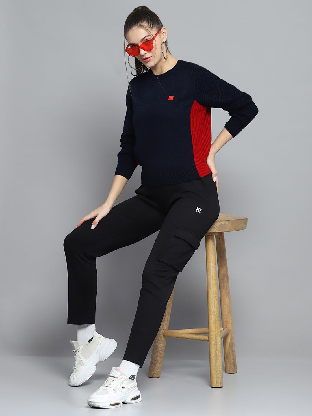 Rock.it Women Navy Blue Solid Round Neck Full Sleeve Pullover