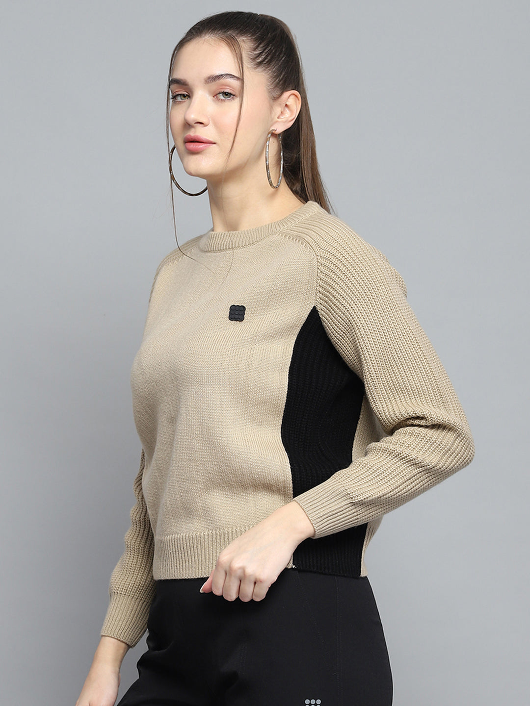 Rock.it Women Beige Solid Round Neck Full Sleeve Pullover