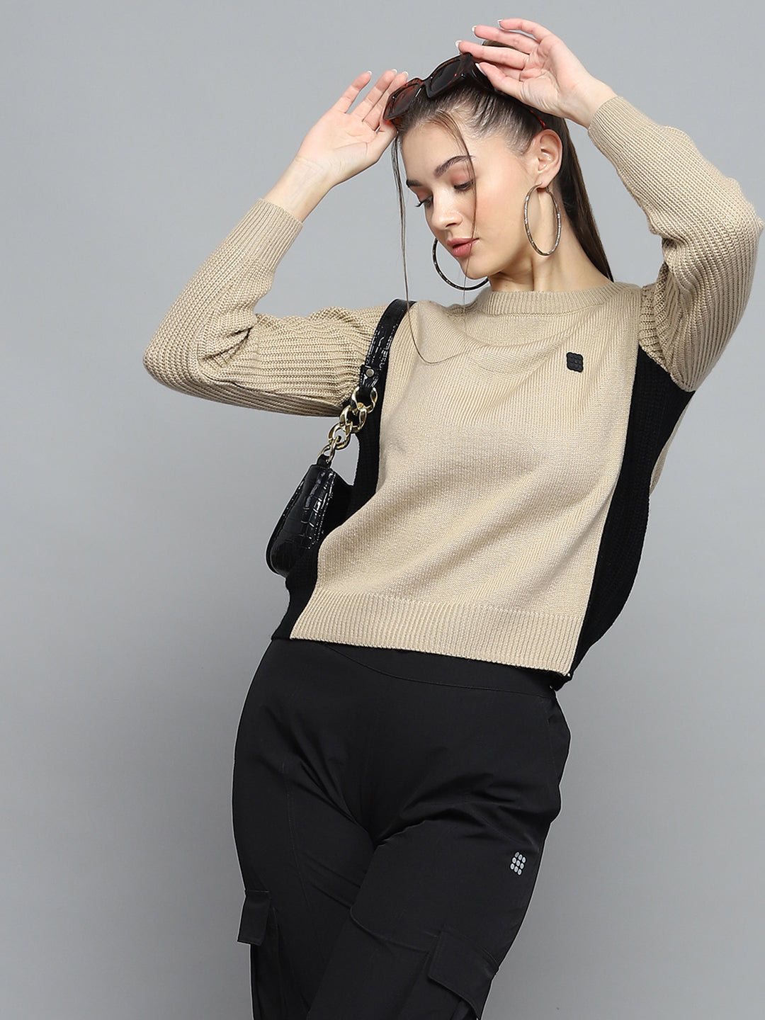 Rock.it Women Beige Solid Round Neck Full Sleeve Pullover