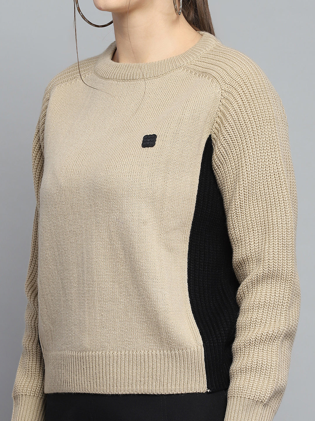 Rock.it Women Beige Solid Round Neck Full Sleeve Pullover