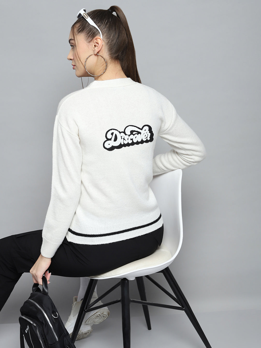 Rock.it Women White Printed V Neck Full Sleeve Pullover