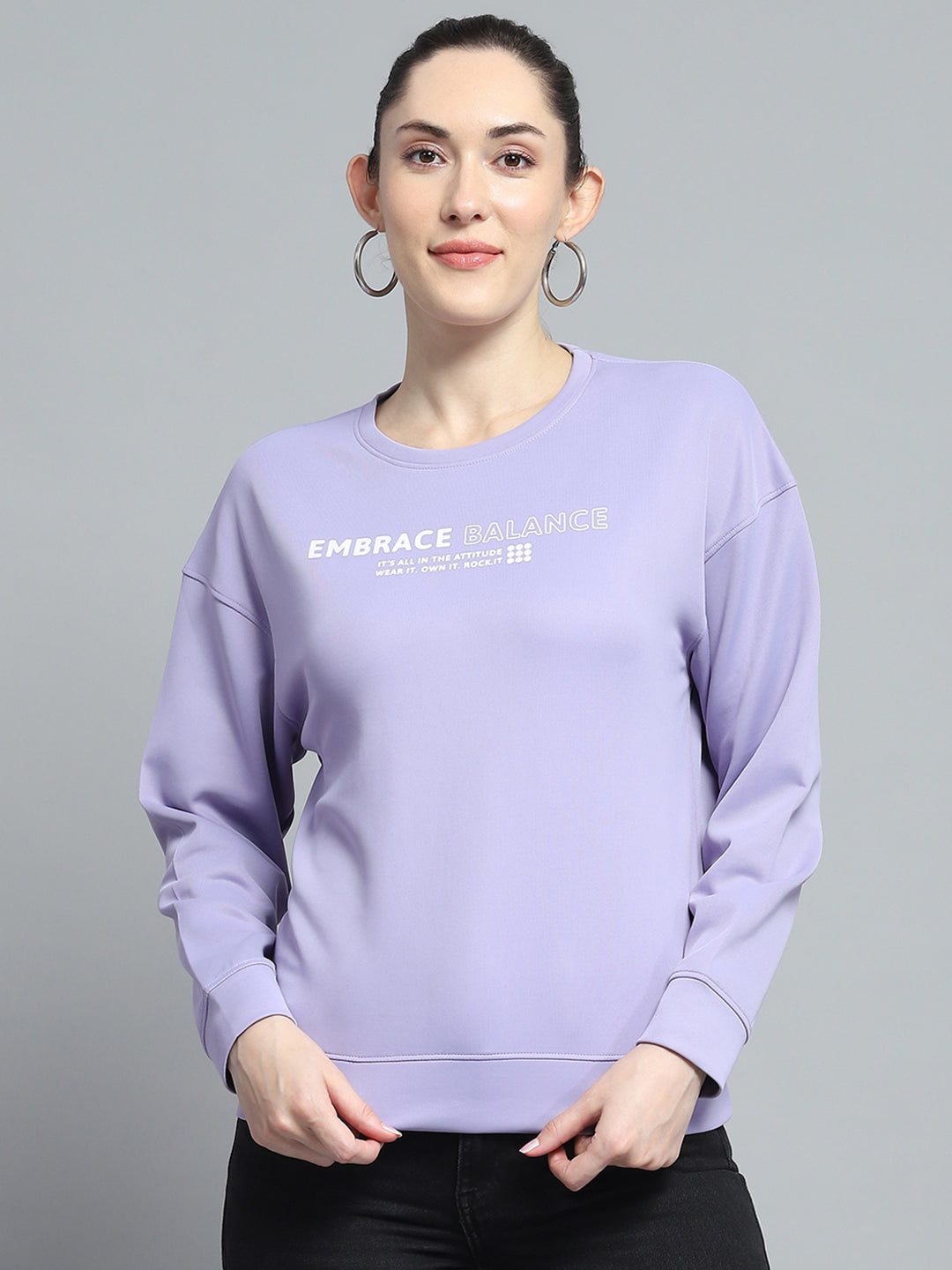 Rock.it Women Purple Printed Round Neck Full Sleeve Sweatshirt