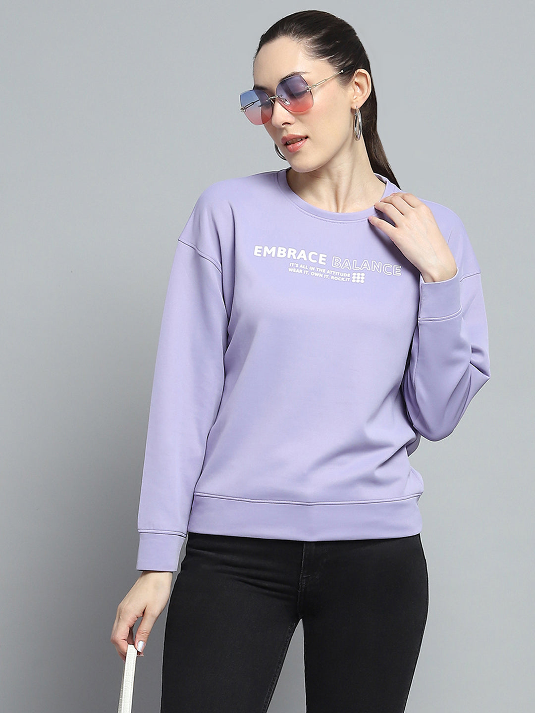 Rock.it Women Purple Printed Round Neck Full Sleeve Sweatshirt