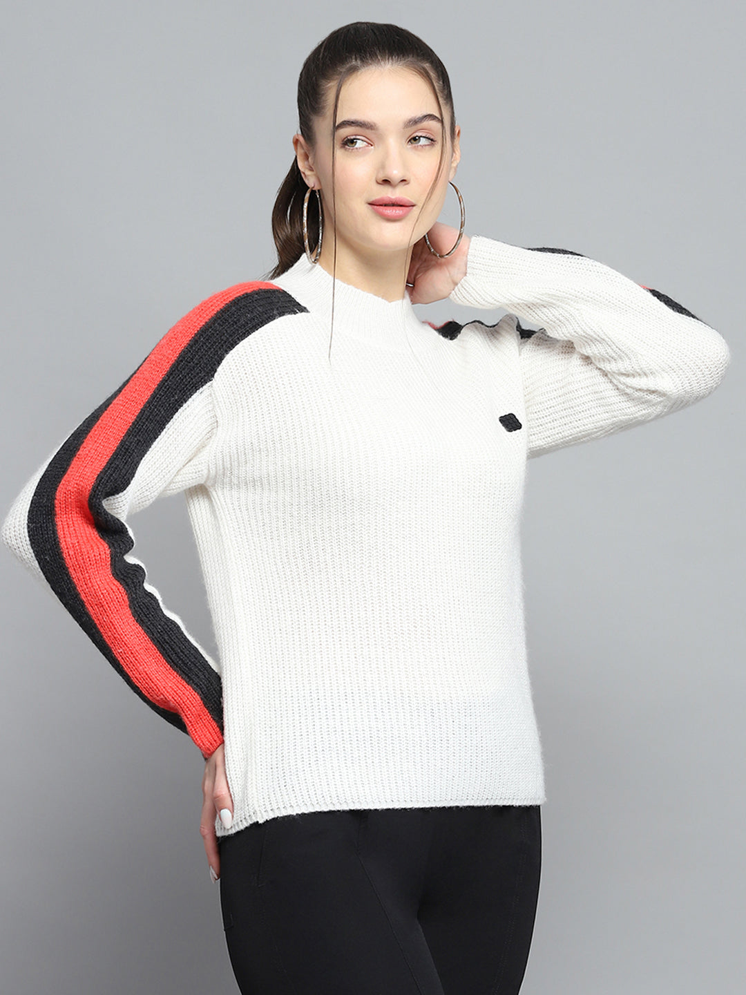 Rock.it Women White Solid Round Neck Full Sleeve Pullover