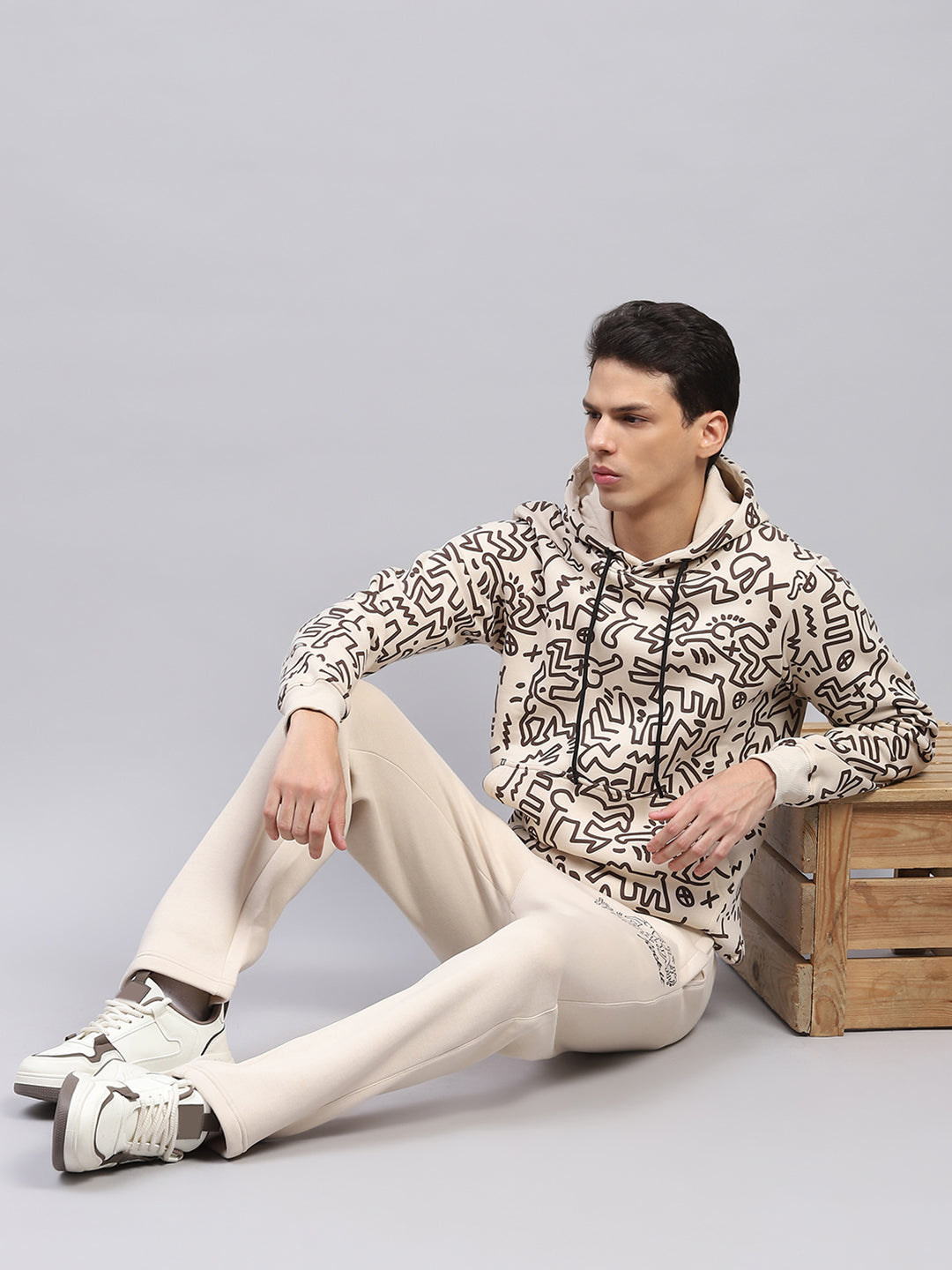 Rock.it Men Beige Printed Hooded Full Sleeve Winter Tracksuit