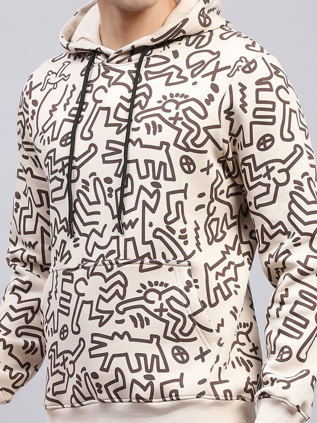 Rock.it Men Beige Printed Hooded Full Sleeve Winter Tracksuit