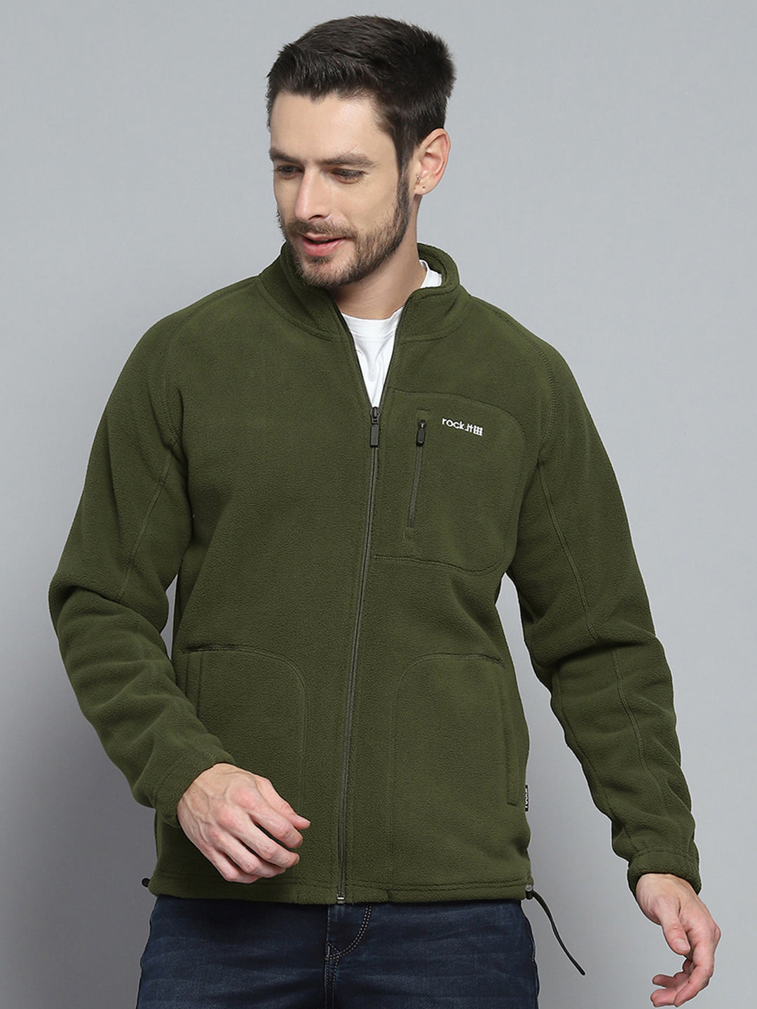 Rock.it Men Olive Solid Mock Neck Full Sleeve Sweatshirt