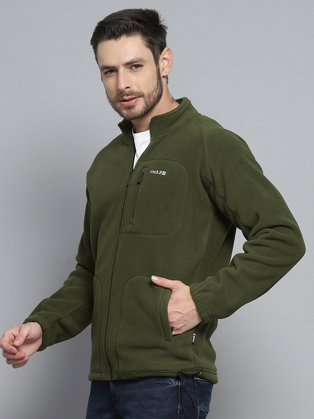 Rock.it Men Olive Solid Mock Neck Full Sleeve Sweatshirt