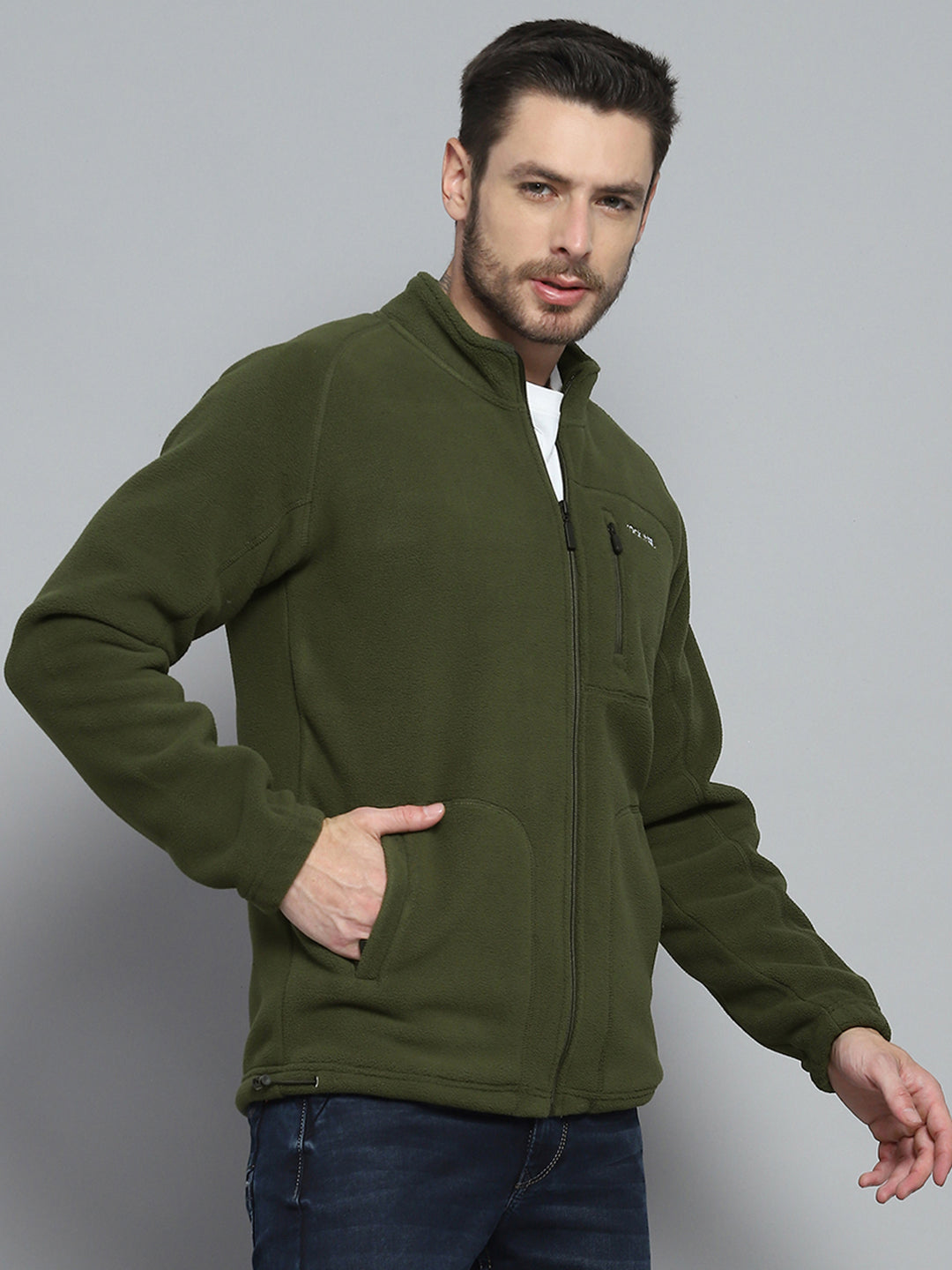 Rock.it Men Olive Solid Mock Neck Full Sleeve Sweatshirt