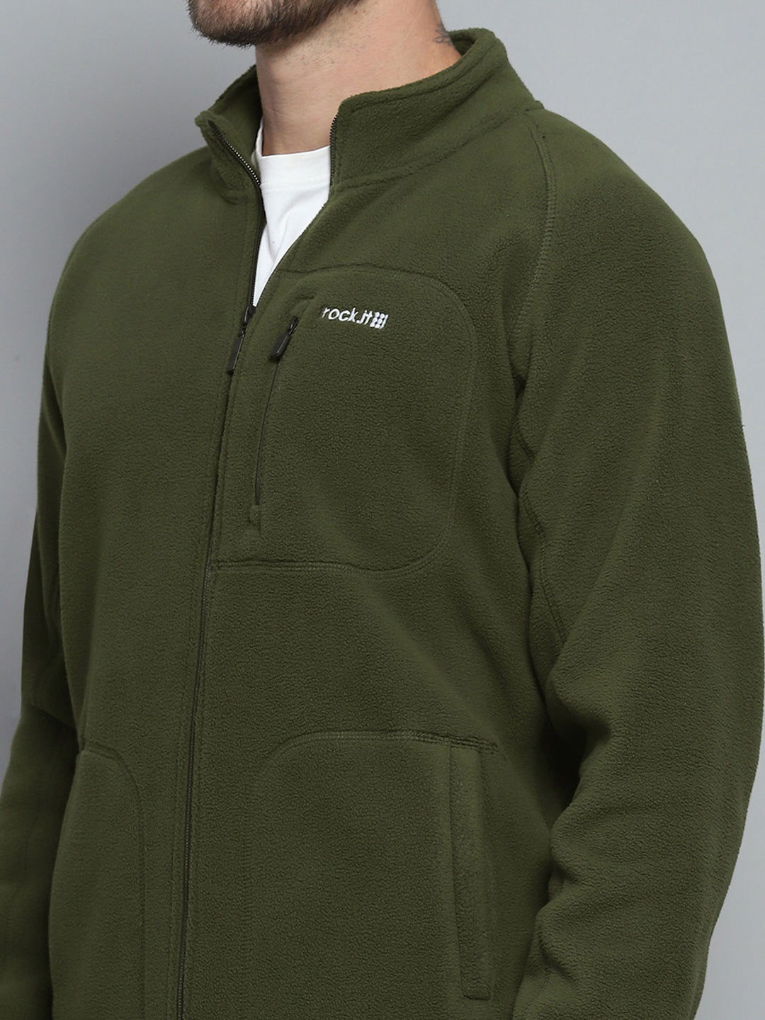 Rock.it Men Olive Solid Mock Neck Full Sleeve Sweatshirt