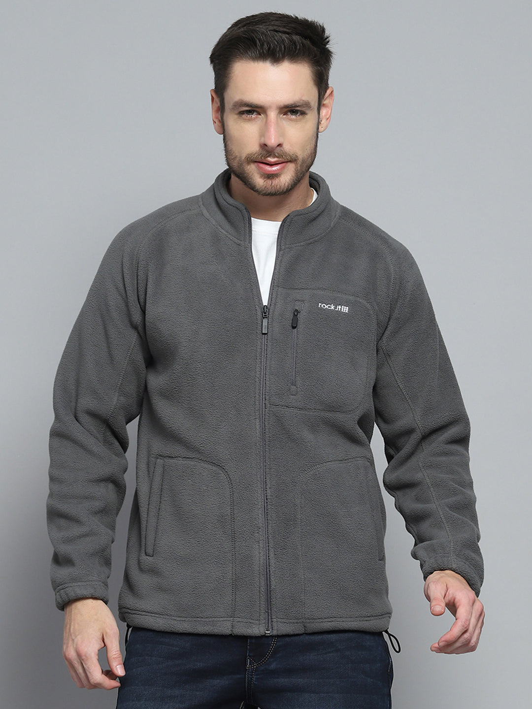 Rock.it Men Grey Solid Mock Neck Full Sleeve Sweatshirt