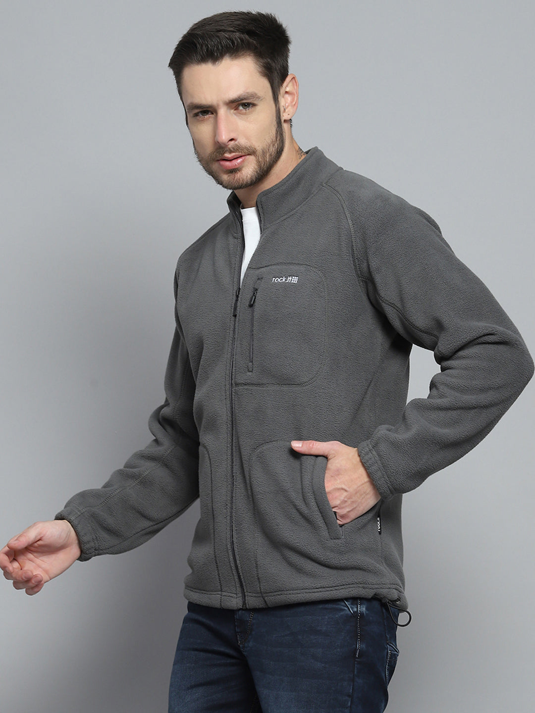 Rock.it Men Grey Solid Mock Neck Full Sleeve Sweatshirt