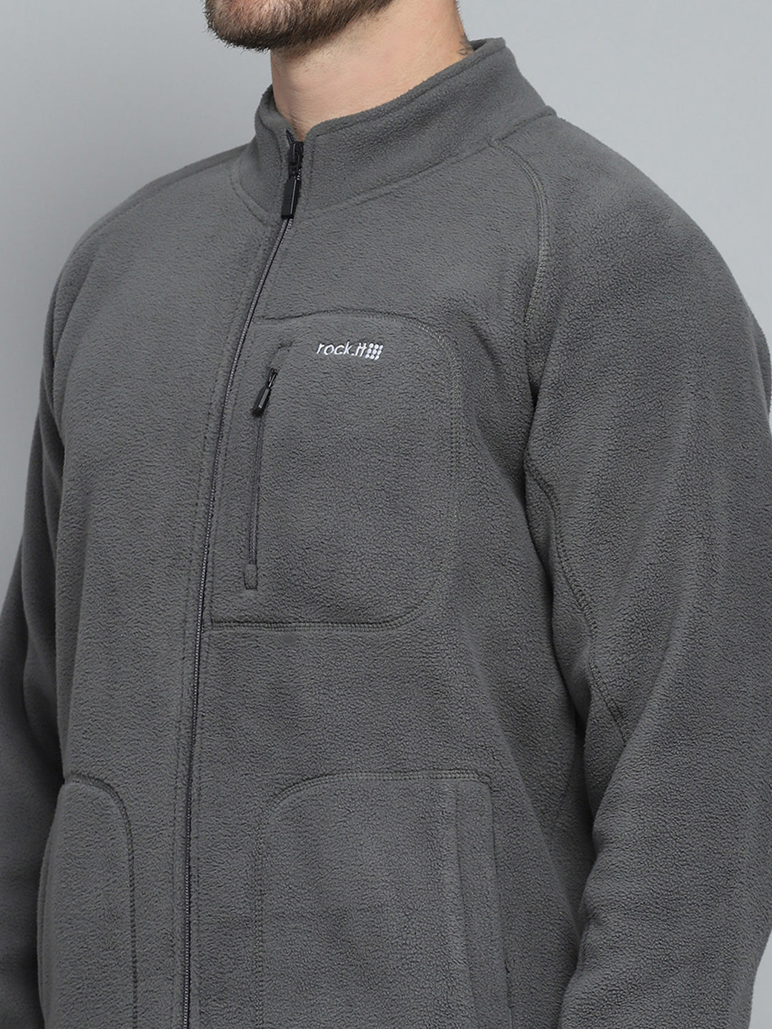 Rock.it Men Grey Solid Mock Neck Full Sleeve Sweatshirt