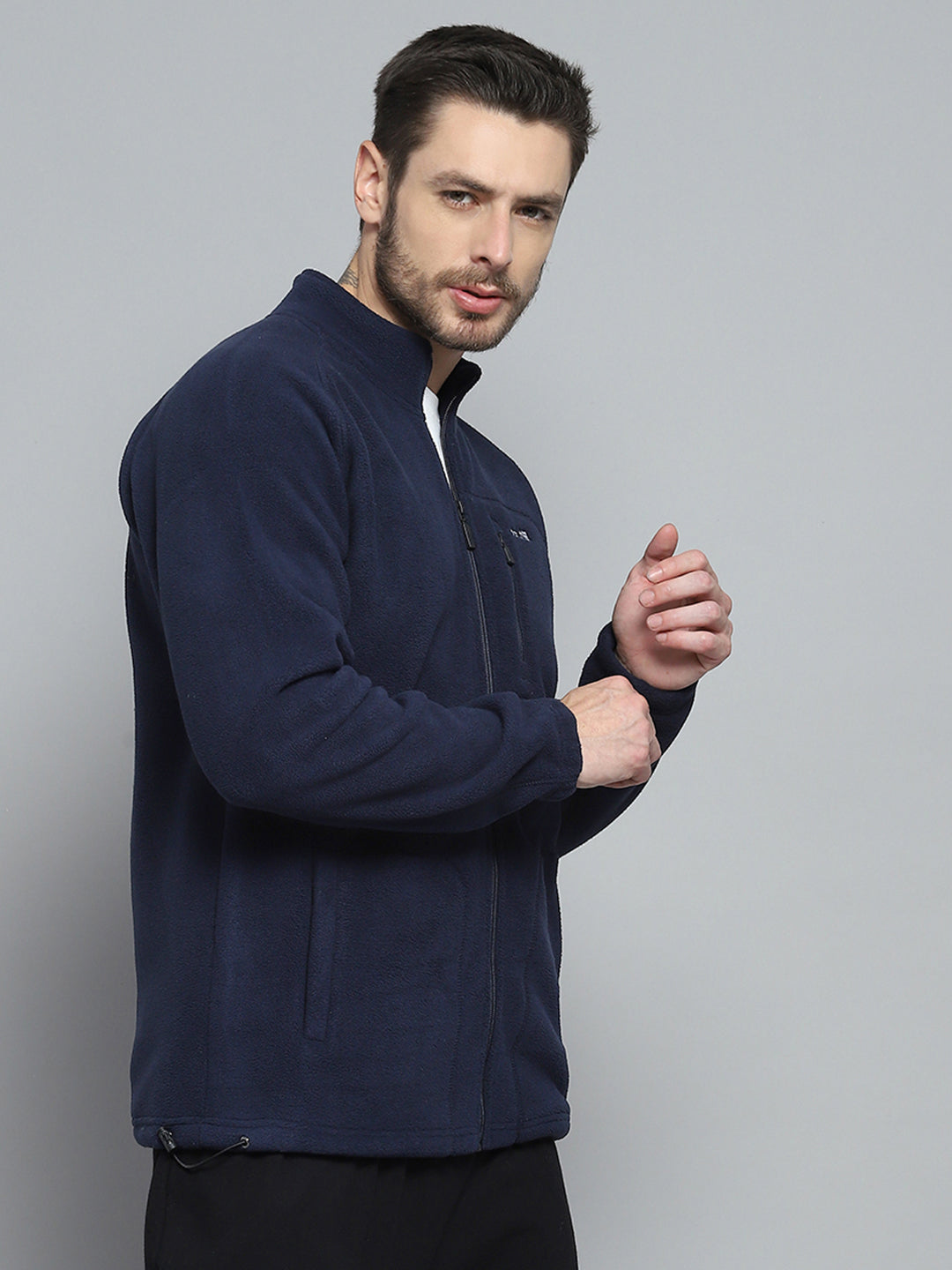 Rock.it Men Navy Blue Solid Mock Neck Full Sleeve Sweatshirt