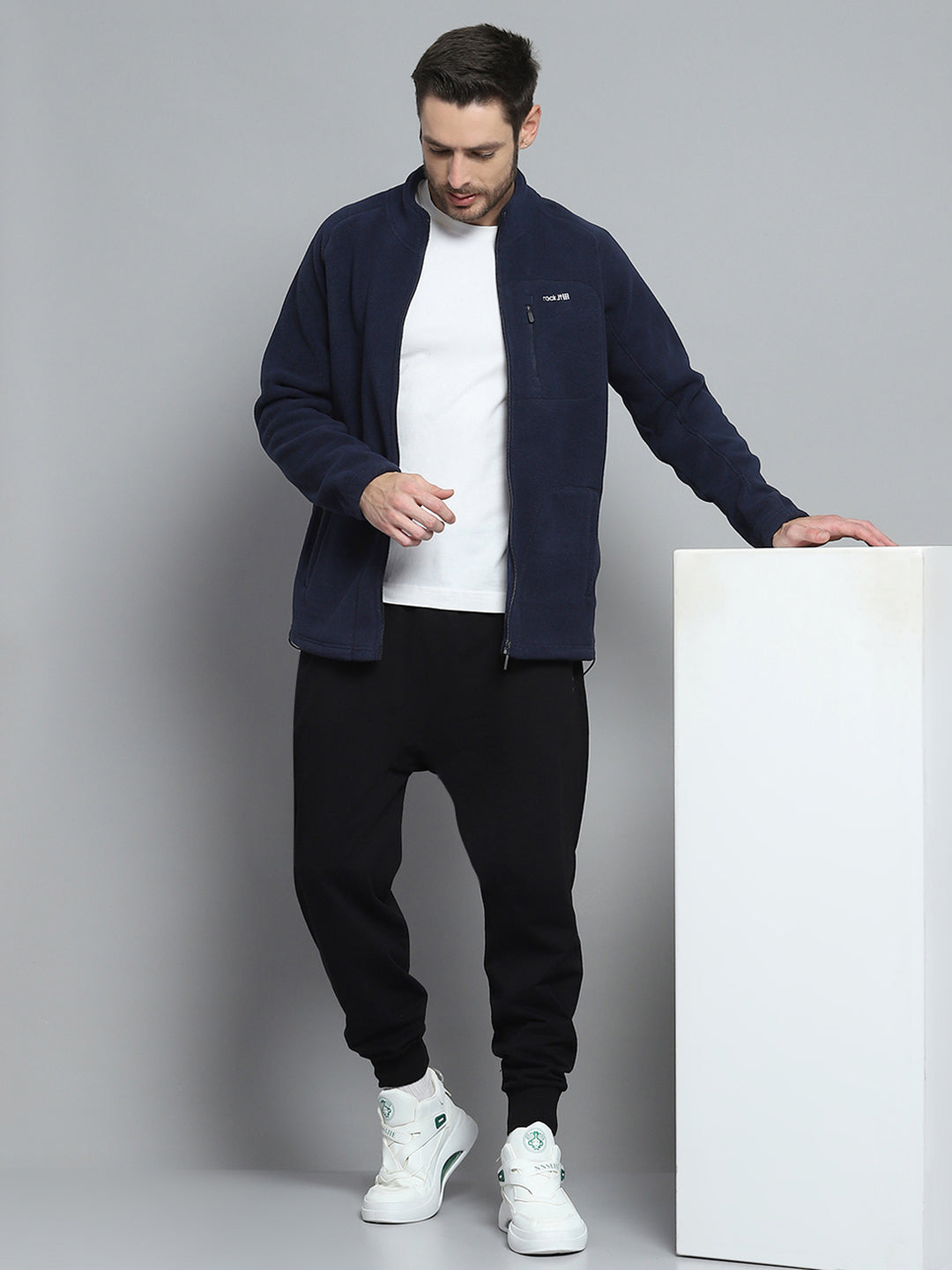 Rock.it Men Navy Blue Solid Mock Neck Full Sleeve Sweatshirt