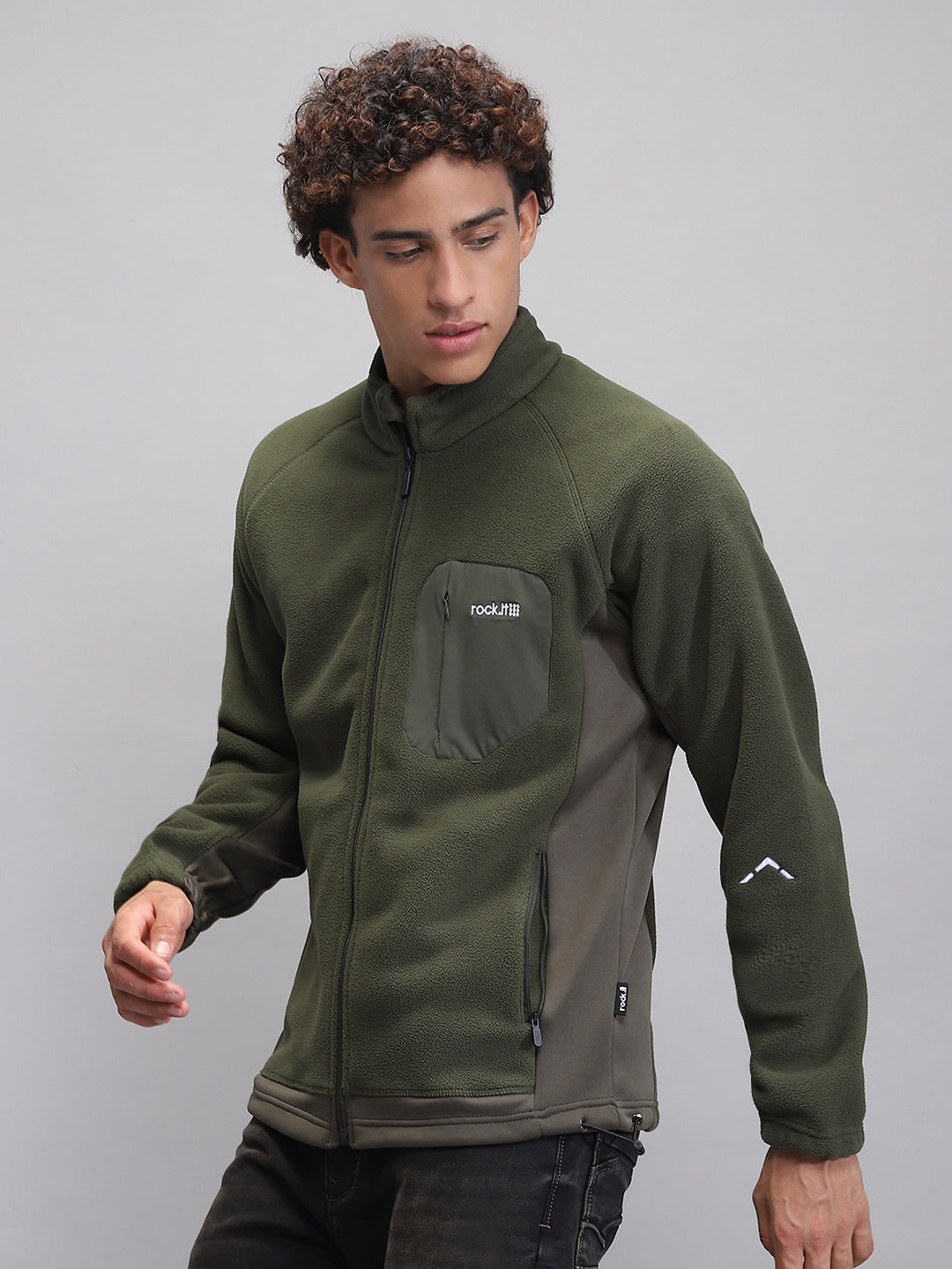 Rock.it Men Olive Solid Mock Neck Full Sleeve Sweatshirt
