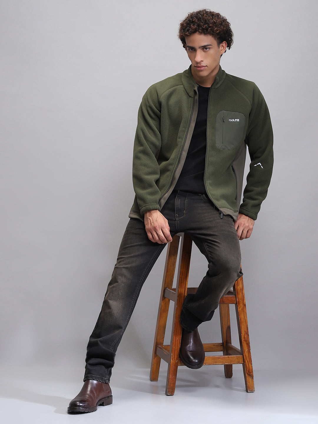 Rock.it Men Olive Solid Mock Neck Full Sleeve Sweatshirt