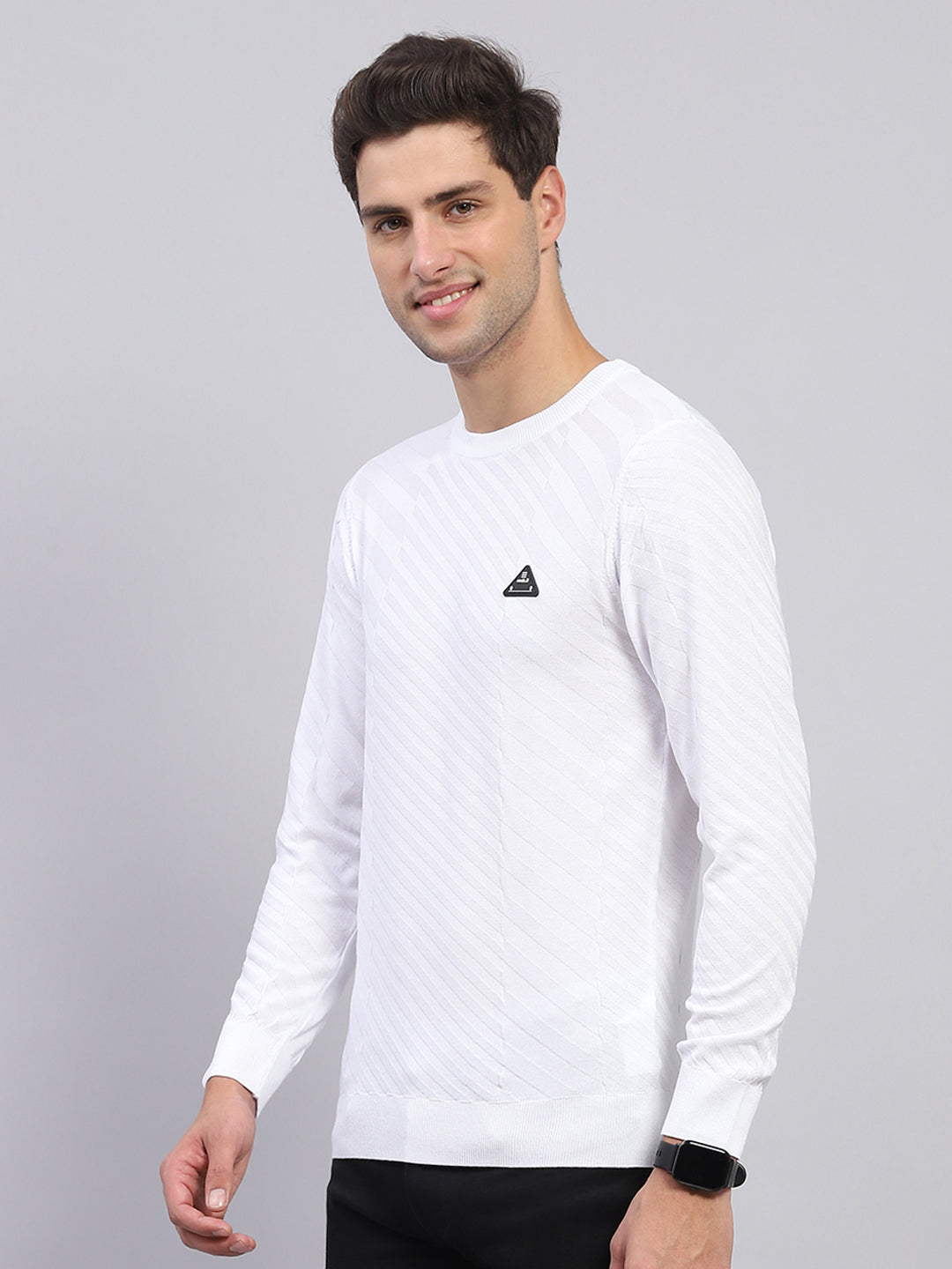 Rock.it Men White Self Design Round Neck Full Sleeve Pullover