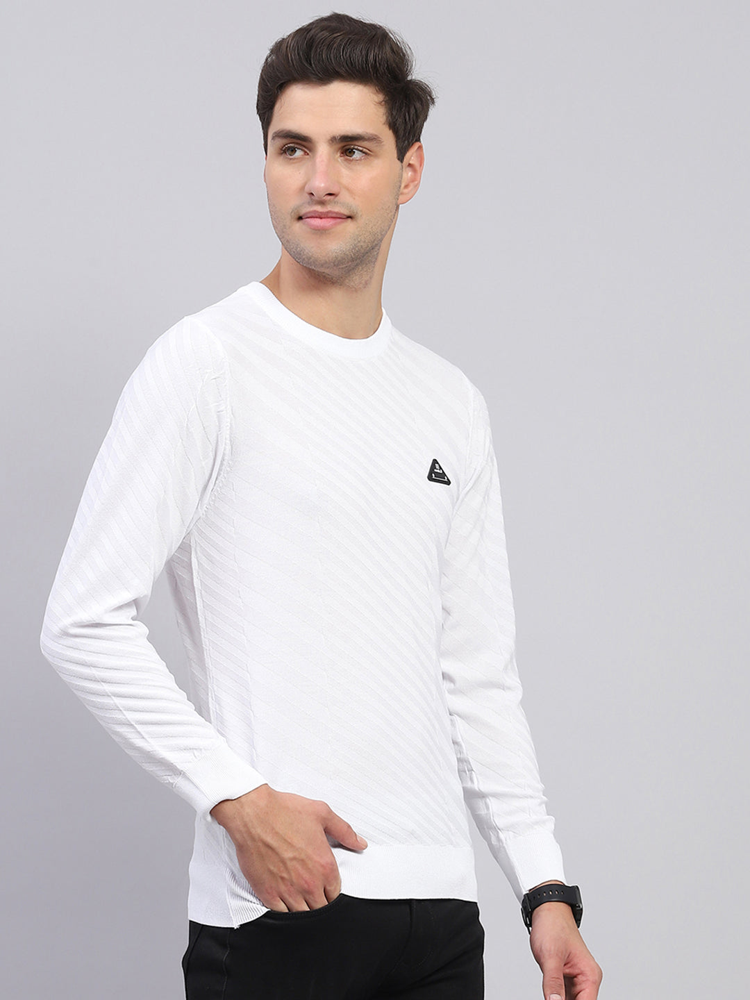 Rock.it Men White Self Design Round Neck Full Sleeve Pullover