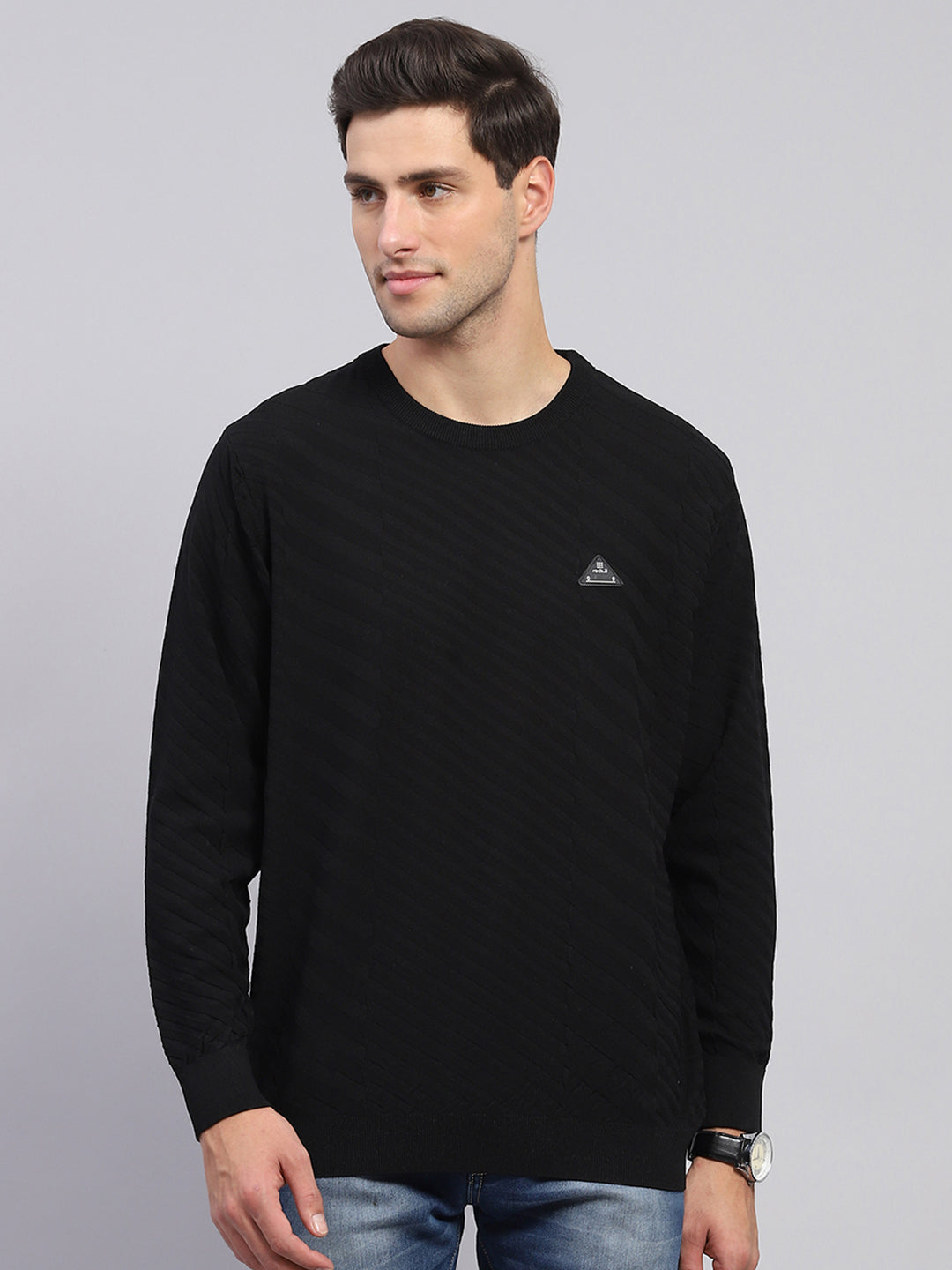 Rock.it Men Black Self Design Round Neck Full Sleeve Pullover