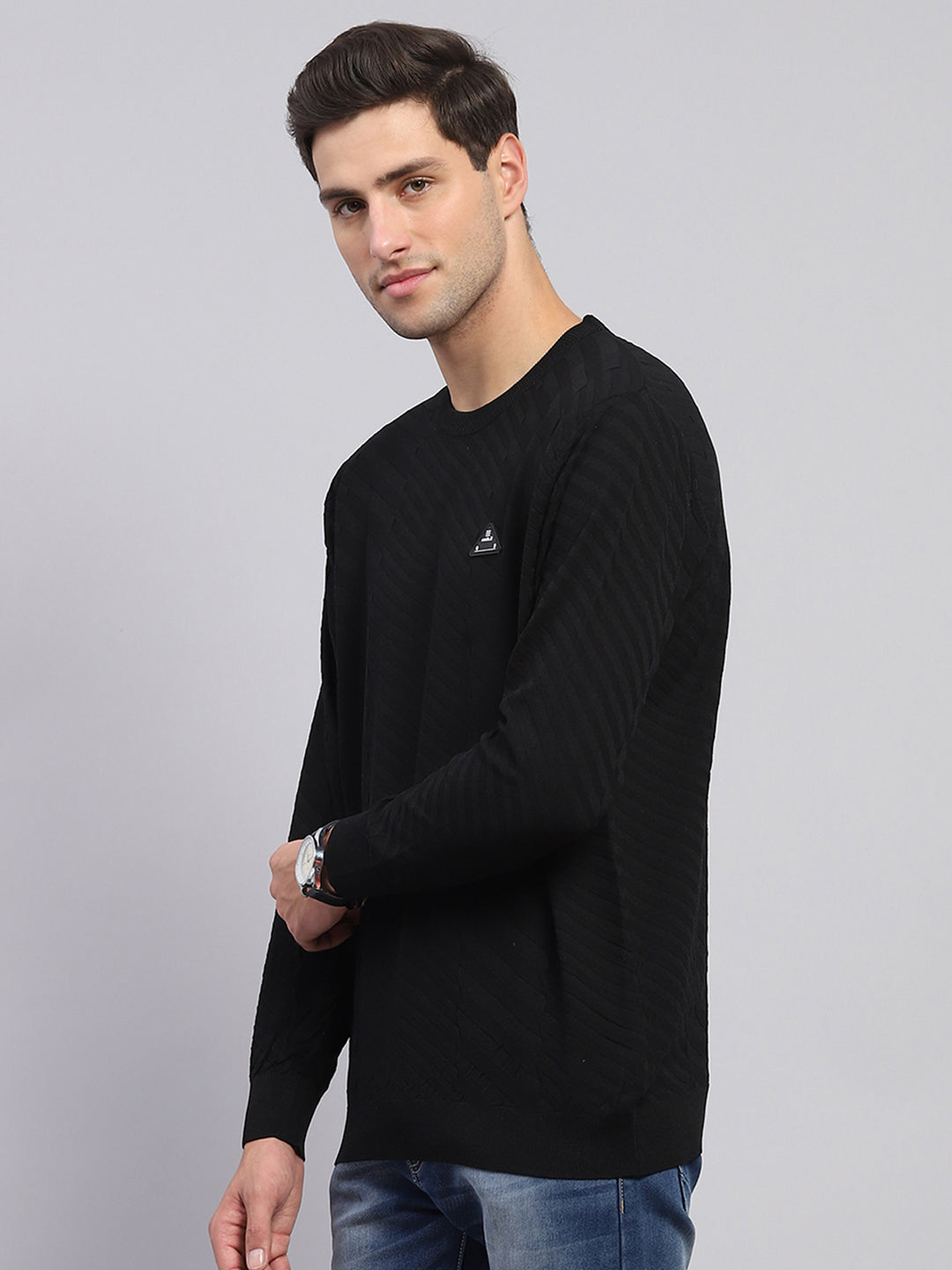 Rock.it Men Black Self Design Round Neck Full Sleeve Pullover