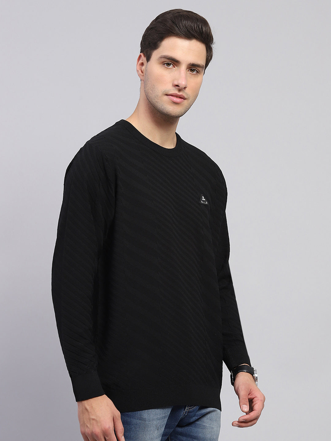 Rock.it Men Black Self Design Round Neck Full Sleeve Pullover