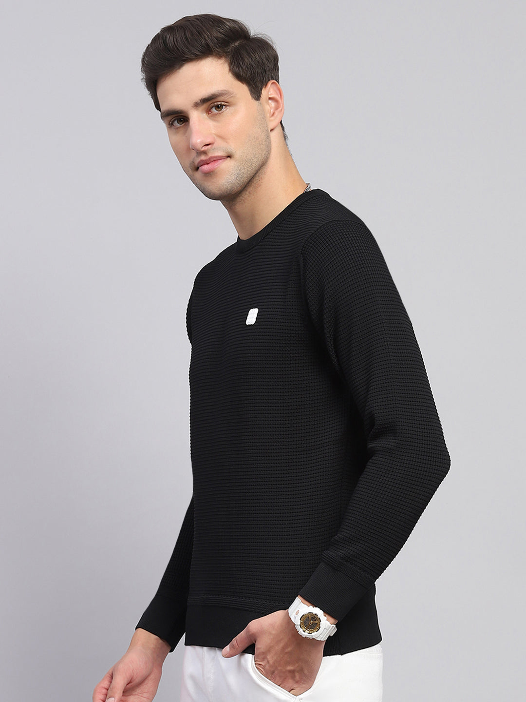 Rock.it Men Black Solid Round Neck Full Sleeve Pullover