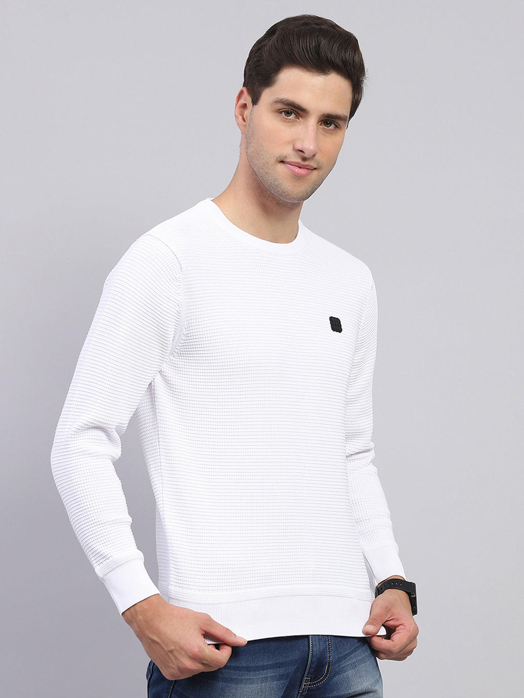 Rock.it Men White Solid Round Neck Full Sleeve Pullover