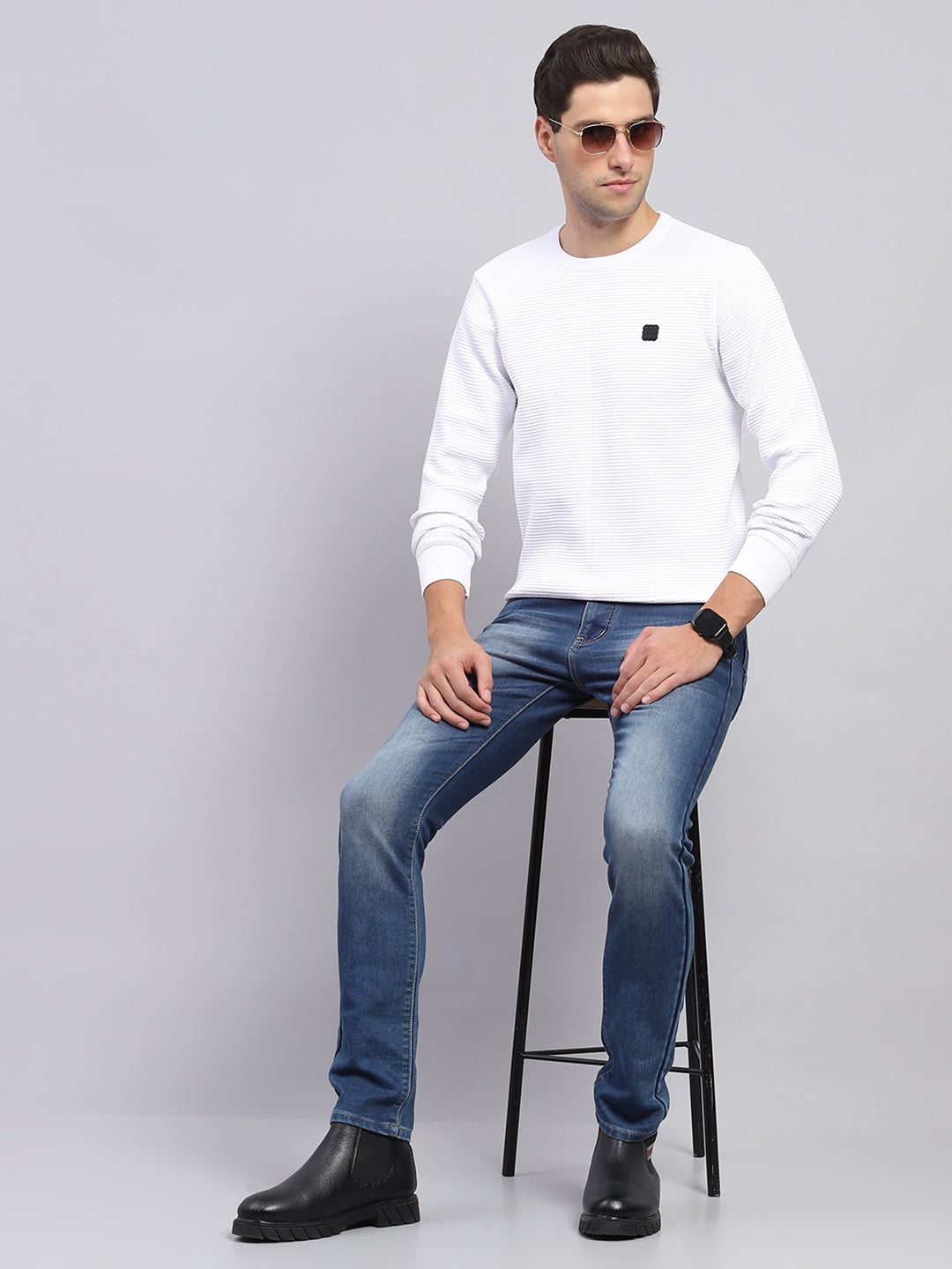 Rock.it Men White Solid Round Neck Full Sleeve Pullover