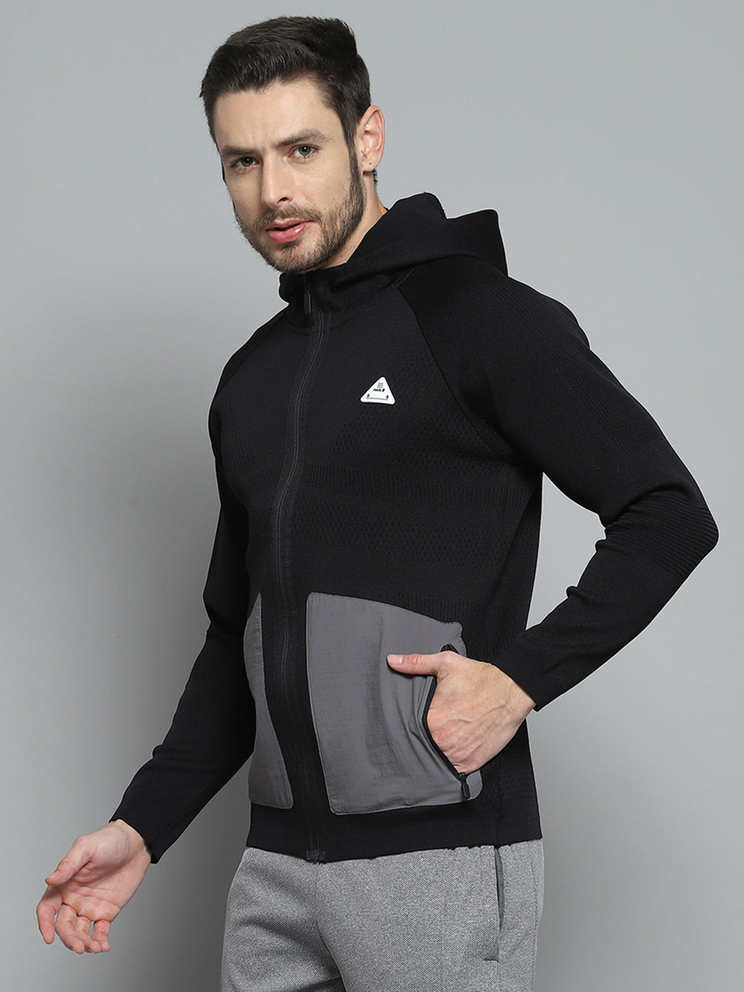 Rock.it Men Black Self Design Hooded Full Sleeve Pullover