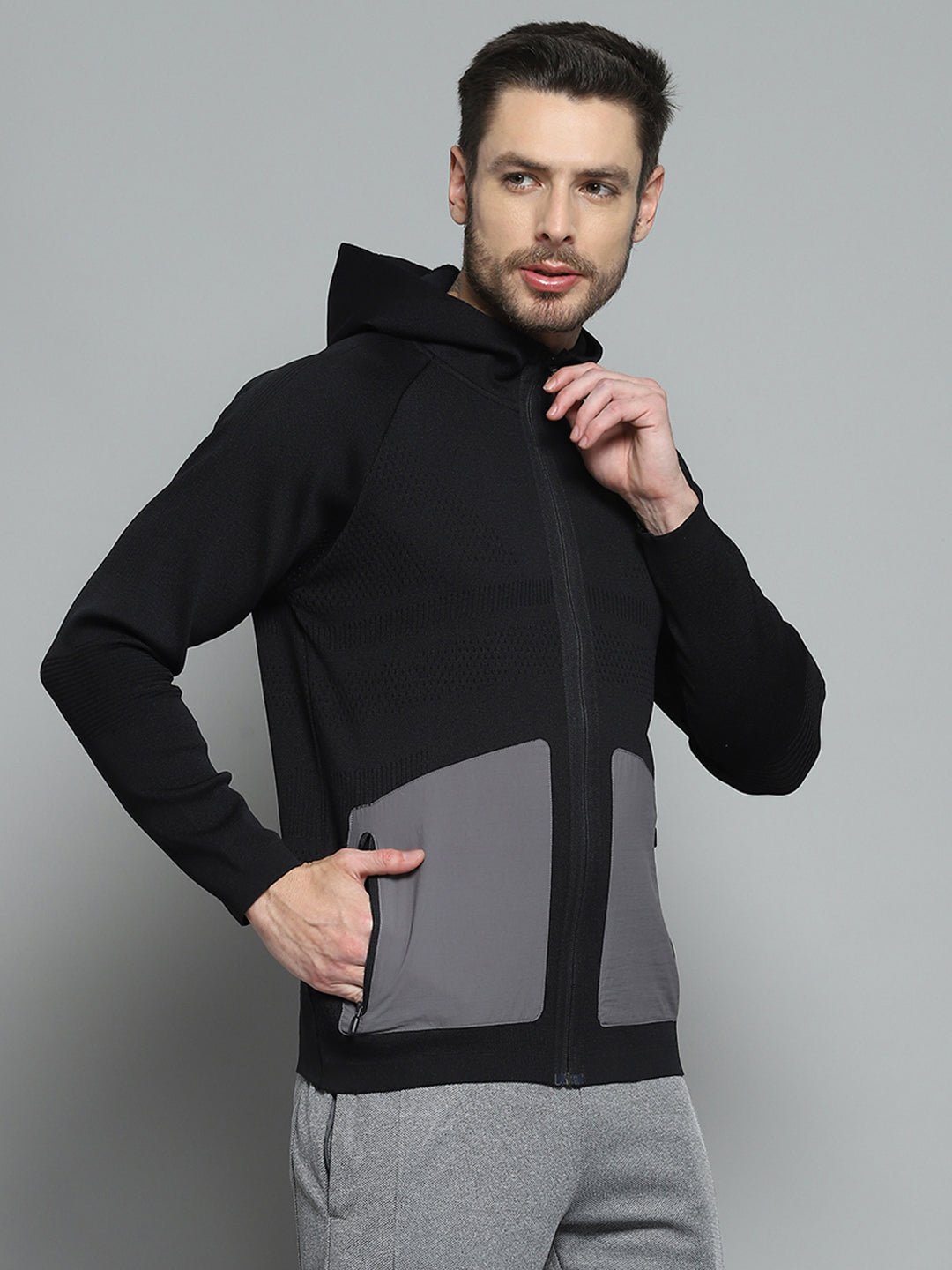 Rock.it Men Black Self Design Hooded Full Sleeve Pullover