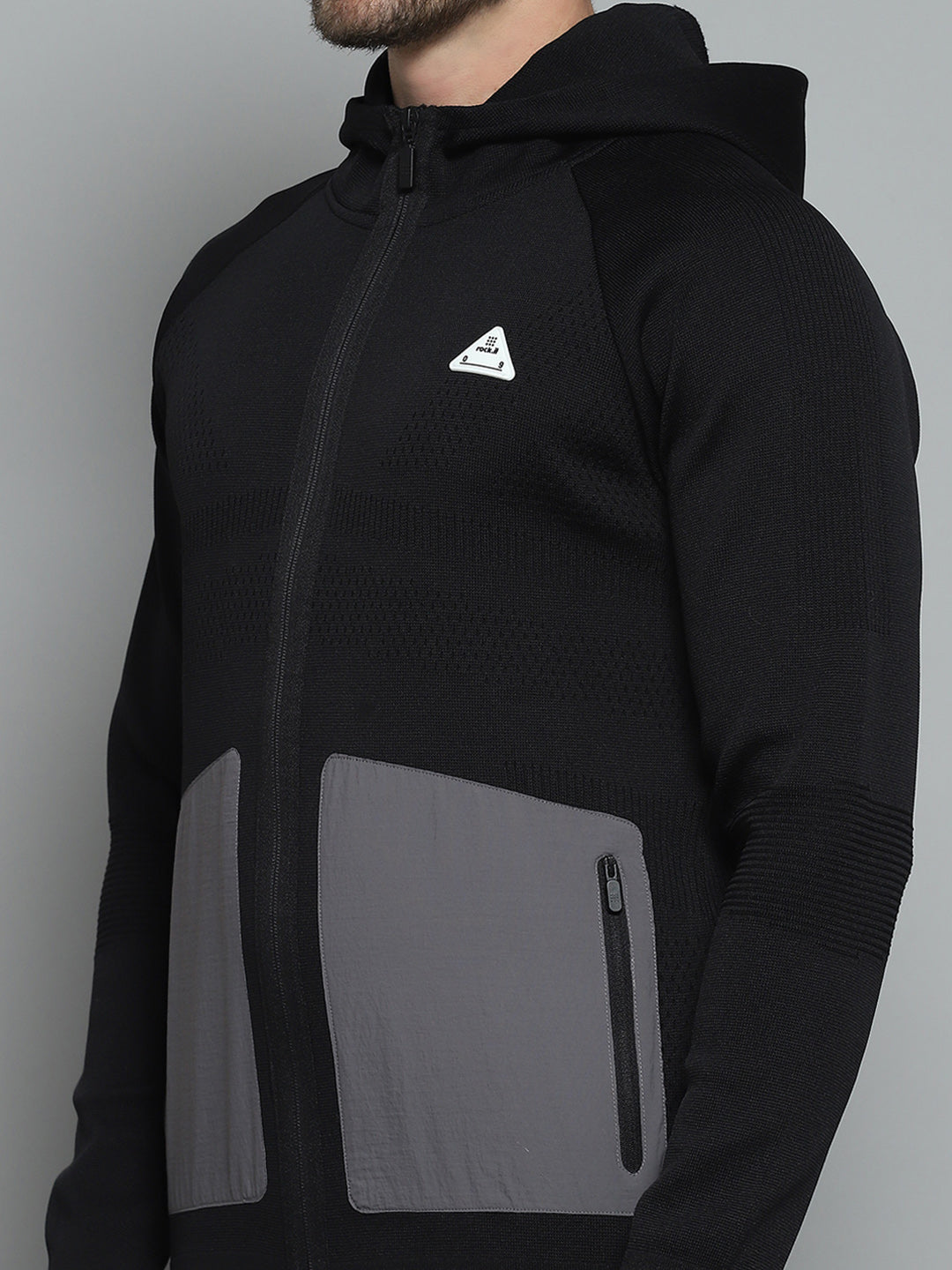 Rock.it Men Black Self Design Hooded Full Sleeve Pullover