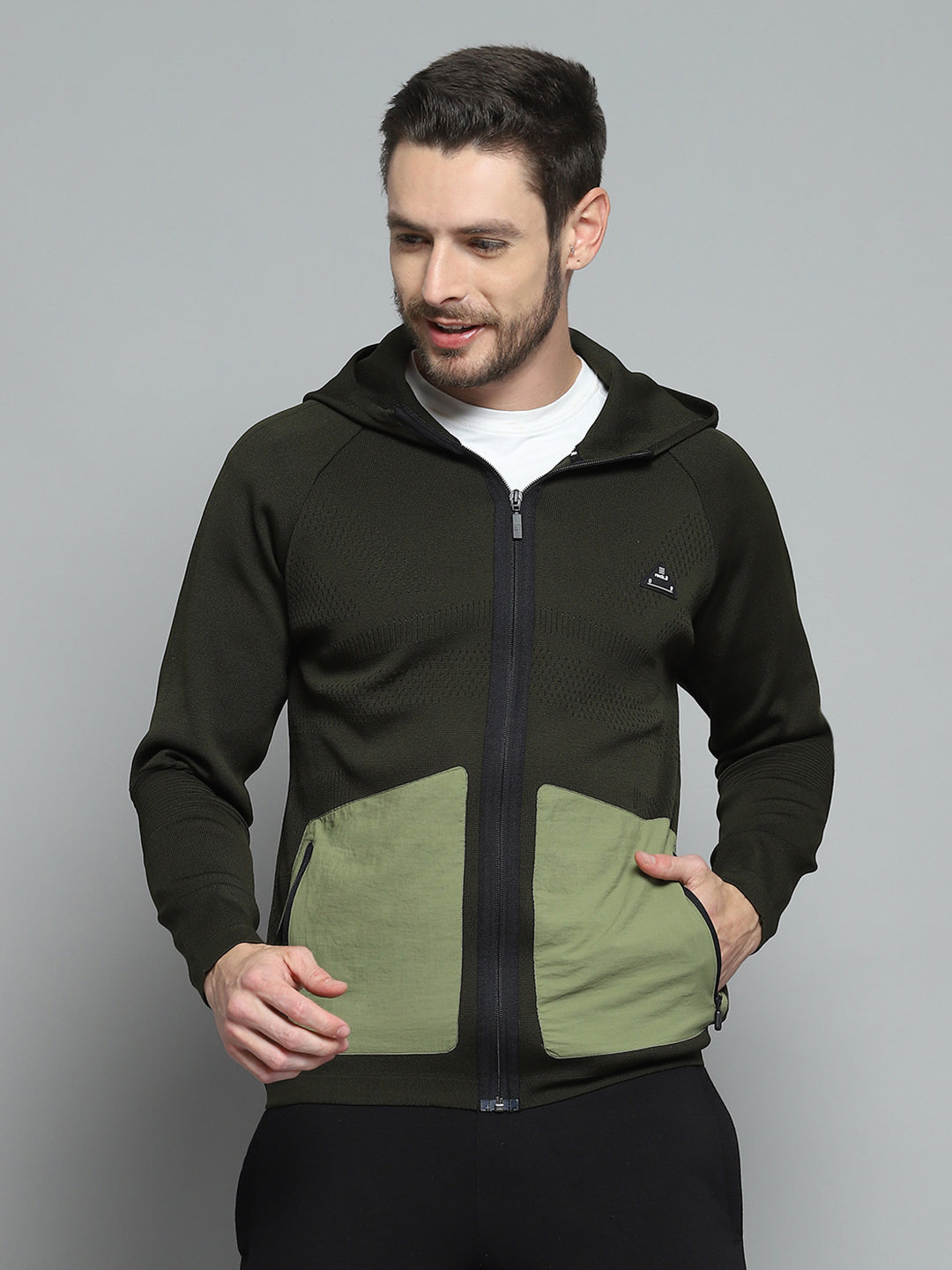 Rock.it Men Olive Self Design Hooded Full Sleeve Pullover
