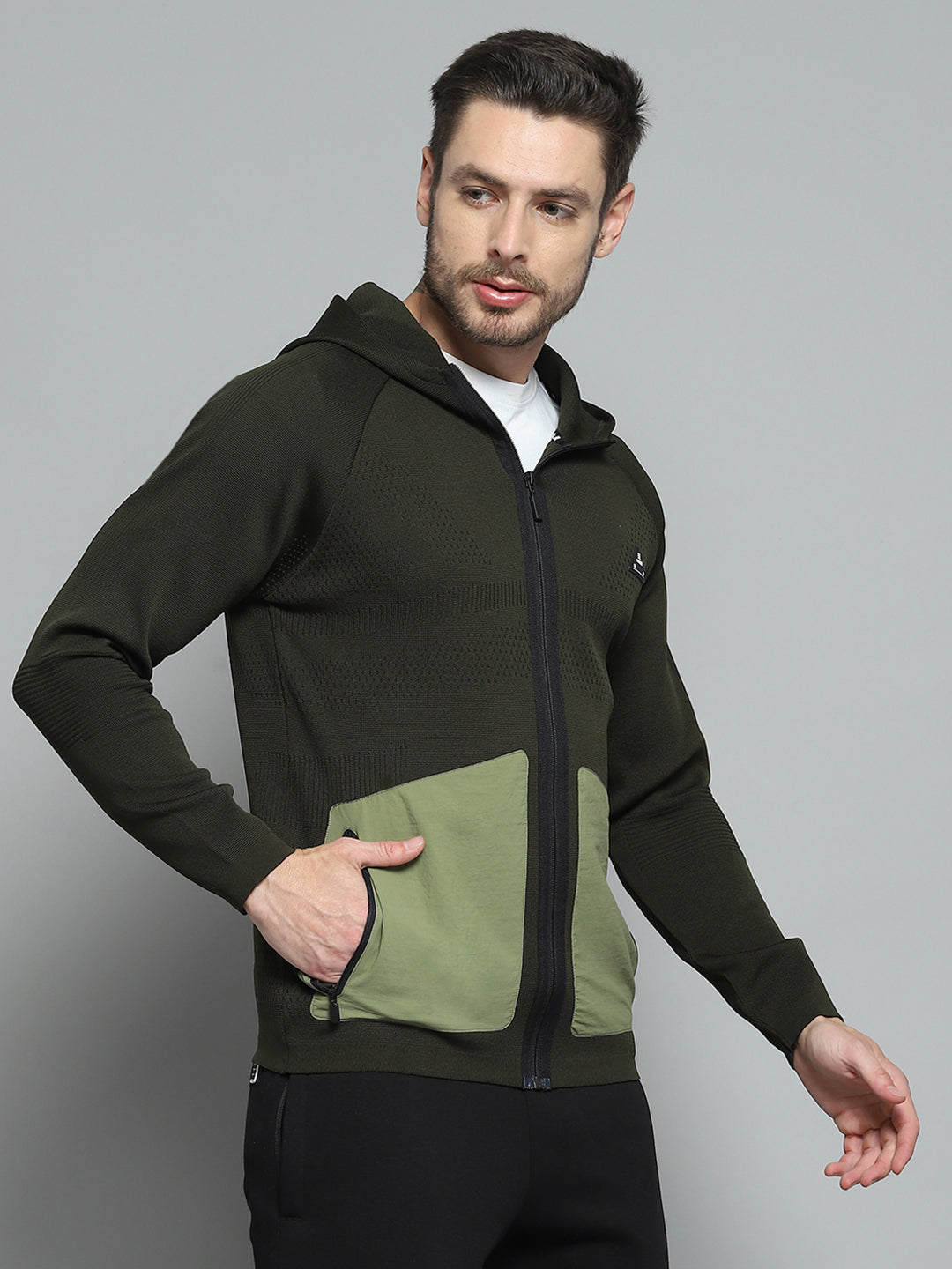 Rock.it Men Olive Self Design Hooded Full Sleeve Pullover